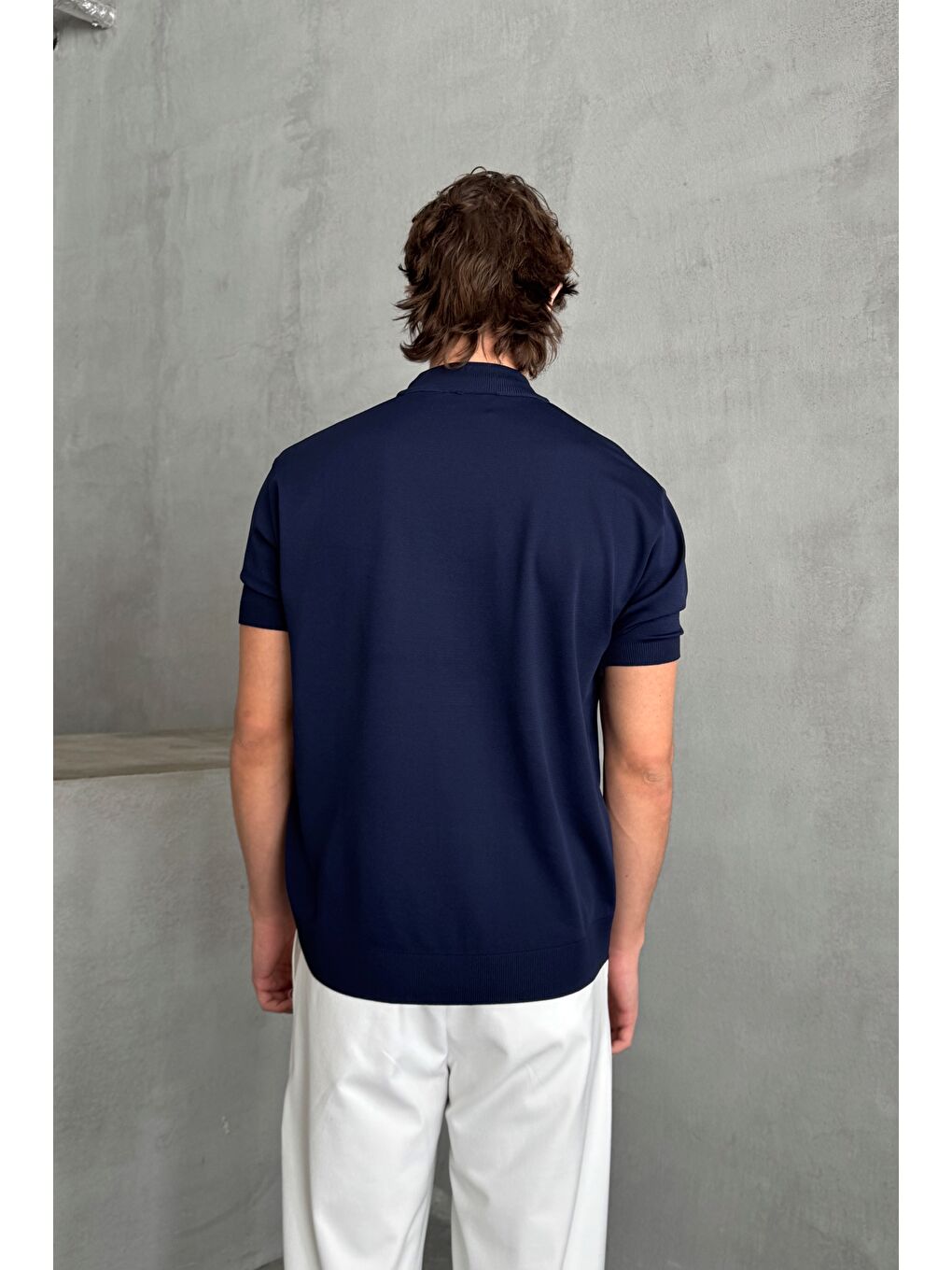 Lacivert Erkek Oversize Yarım Balıkçı Triko T-shirt-5