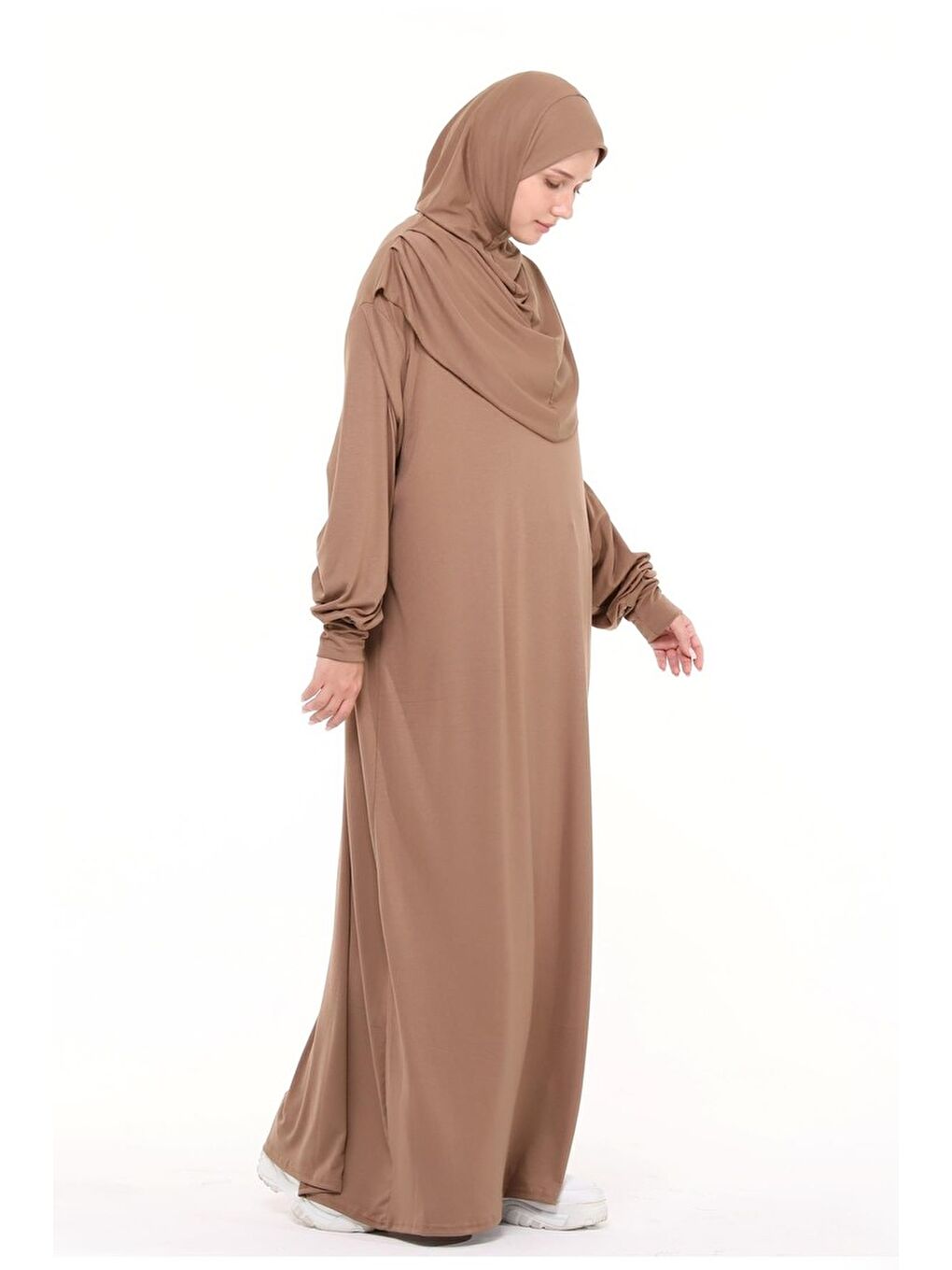 Kahverengi Tek Parça Pamuklu Yarasa Kollu Tak Çıkar Başörtülü Organik Terletmez  Elbise-1