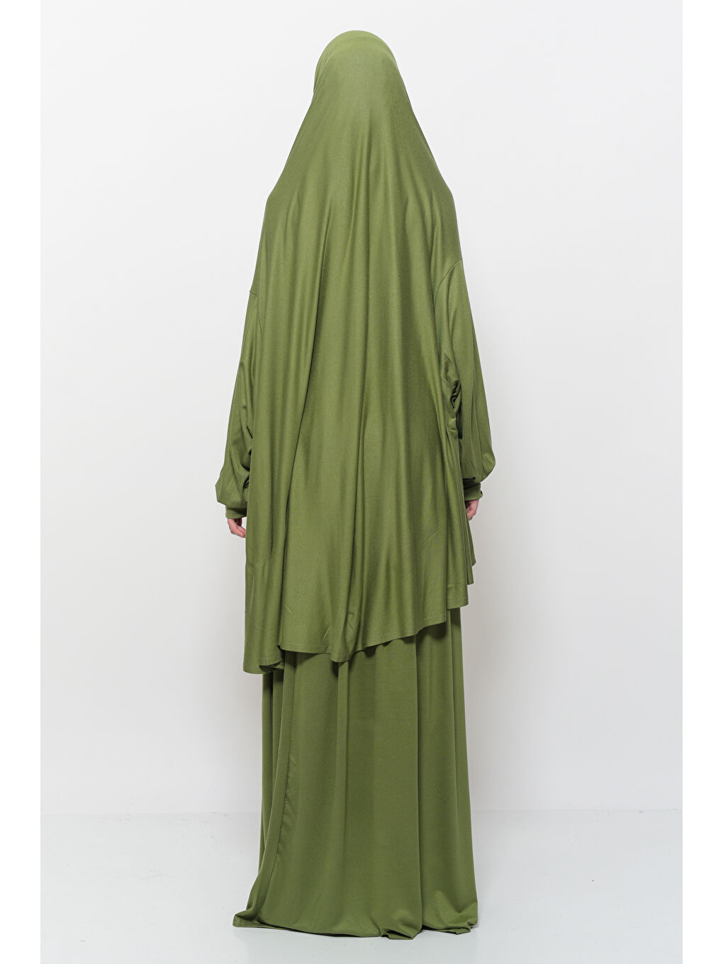Yeşil İki Parça Pamuklu Yarasa Kollu Başörtülü Organik Terletmez  Elbise-2