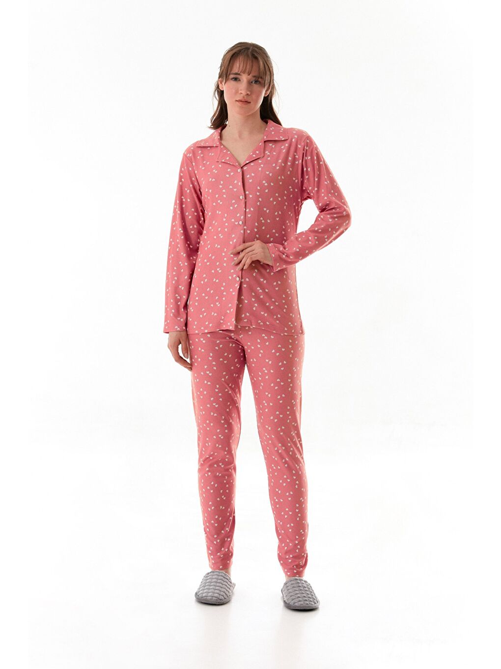 Pembe Ayıcık Desenli Gömlek Yaka Süet Pijama Takımı