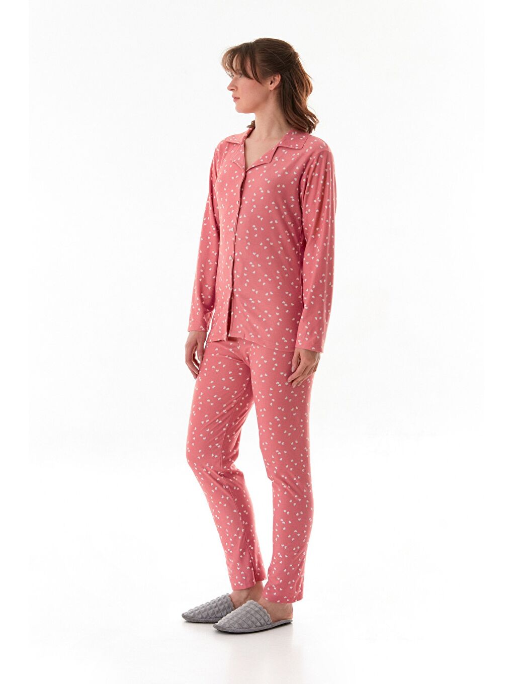 Pembe Ayıcık Desenli Gömlek Yaka Süet Pijama Takımı-1