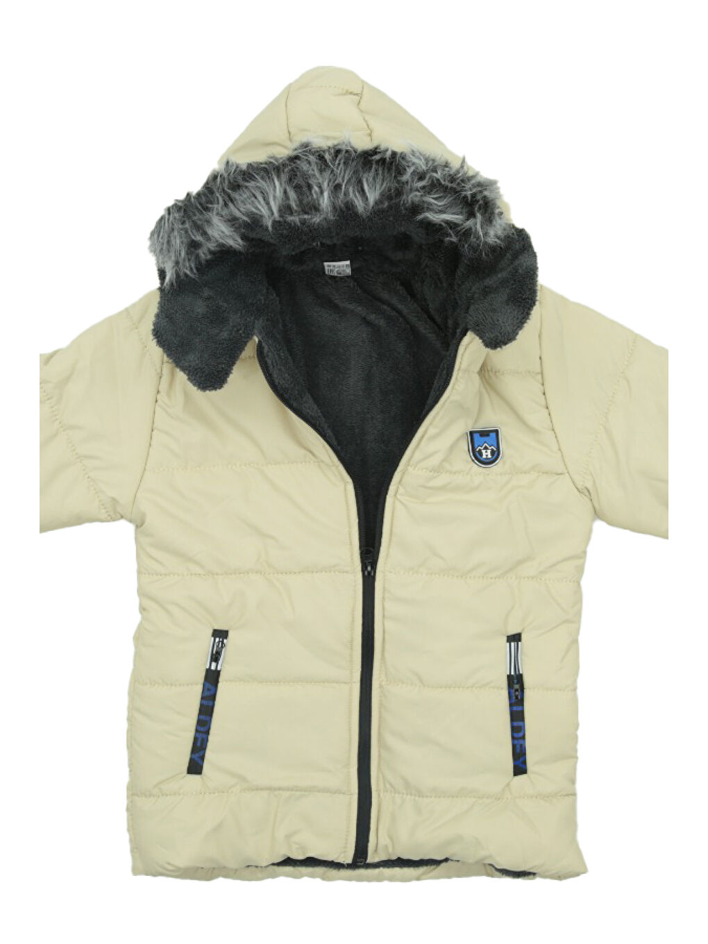 Ekru Erkek Çocuk İçi Pelüş Astarlı-Kürk Kapüşonlu-Fermuarlı Mont 12369-1