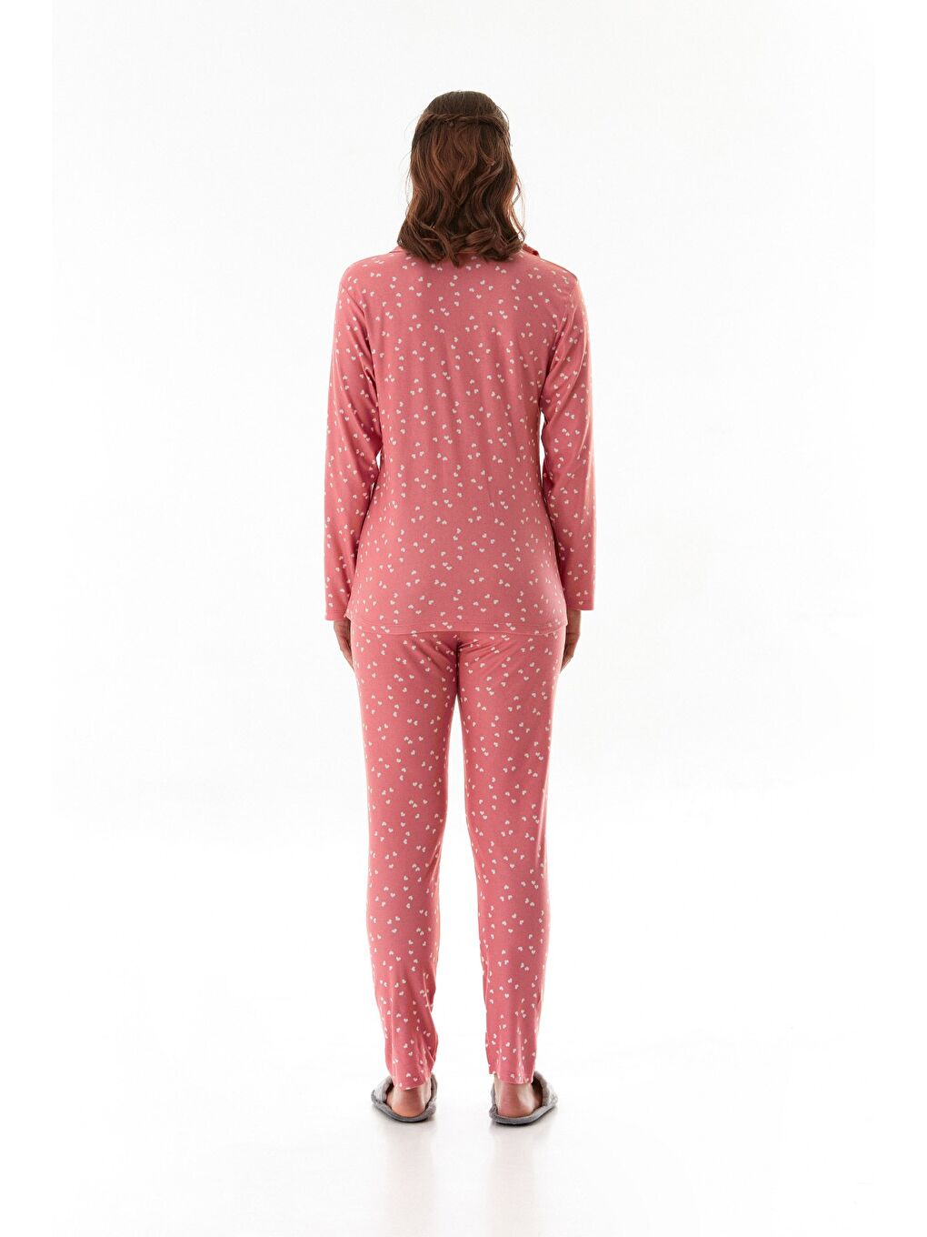 Pembe Ayıcık Desenli Gömlek Yaka Süet Pijama Takımı-2