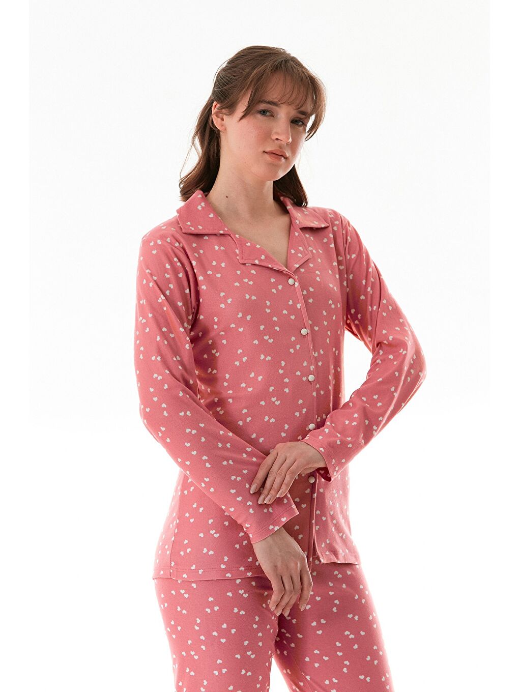 Pembe Ayıcık Desenli Gömlek Yaka Süet Pijama Takımı-3