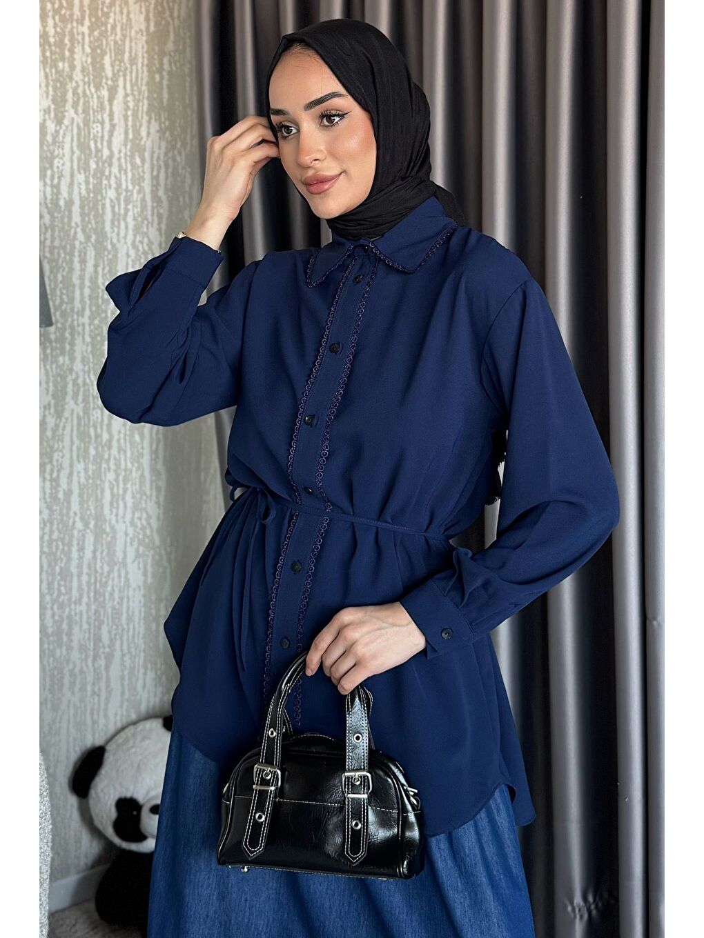 Lacivert Fistolu Bel Bağlama Detaylı Tesettür Gömlek-2