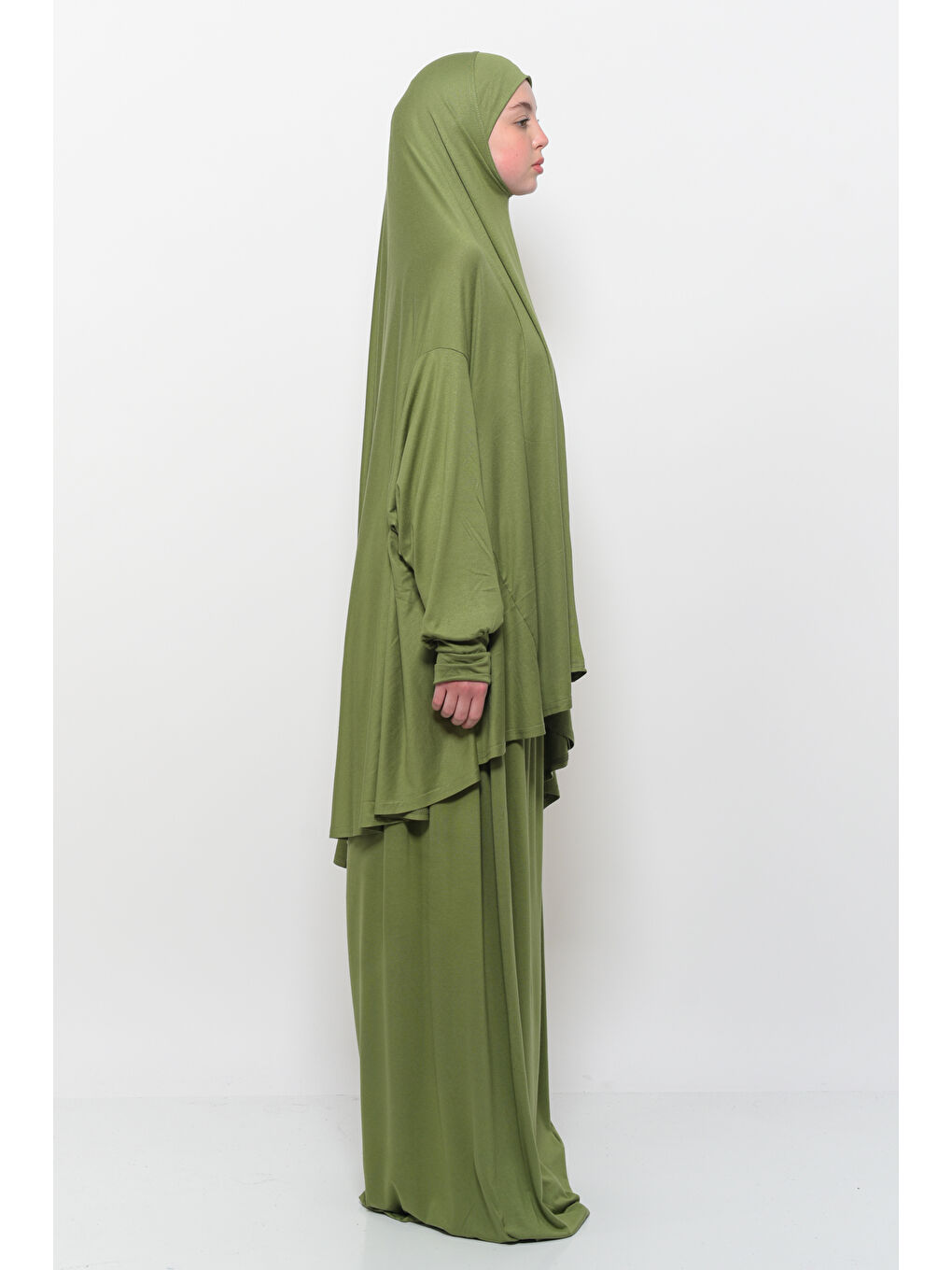 Yeşil İki Parça Pamuklu Yarasa Kollu Başörtülü Organik Terletmez  Elbise-3