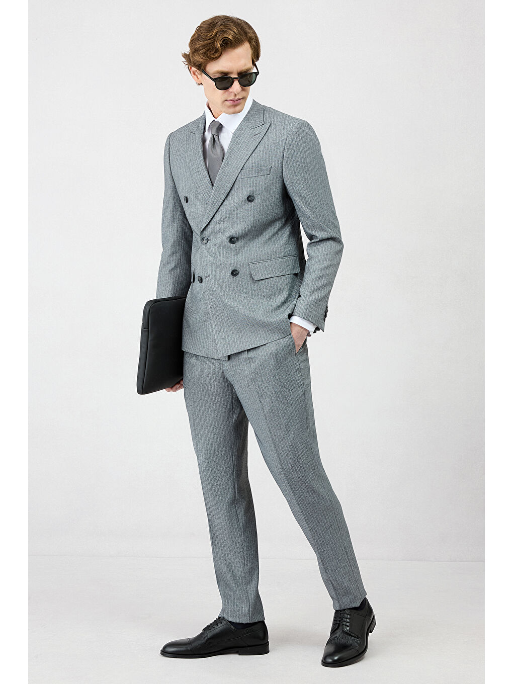 Gri 7 Drop Super Slim Fit Eksra Dar Kesim Sivri Yaka Beli Lastikli İpli Çizgili Kruvaze Takım Elbise-0