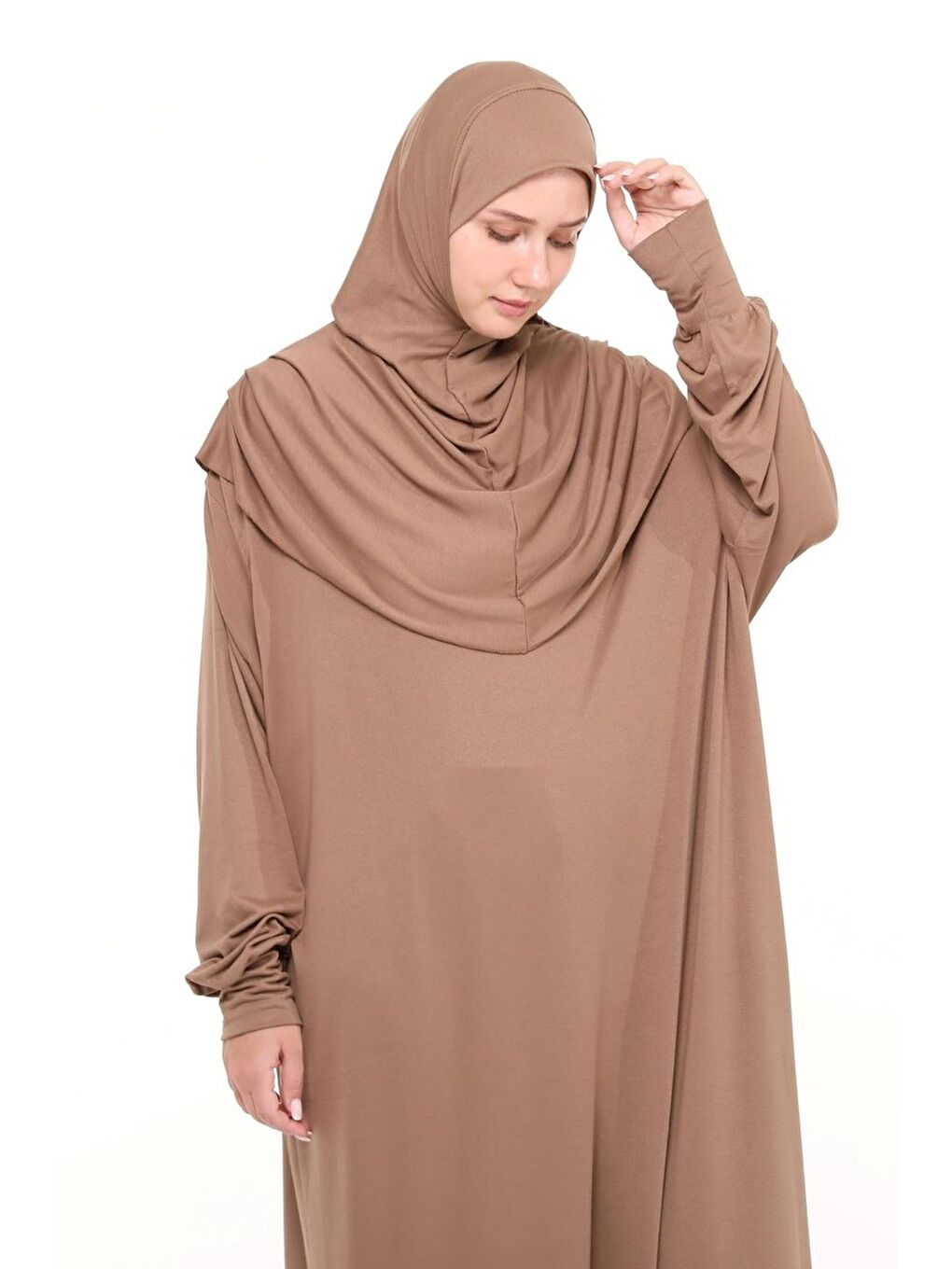 Kahverengi Tek Parça Pamuklu Yarasa Kollu Tak Çıkar Başörtülü Organik Terletmez  Elbise-4