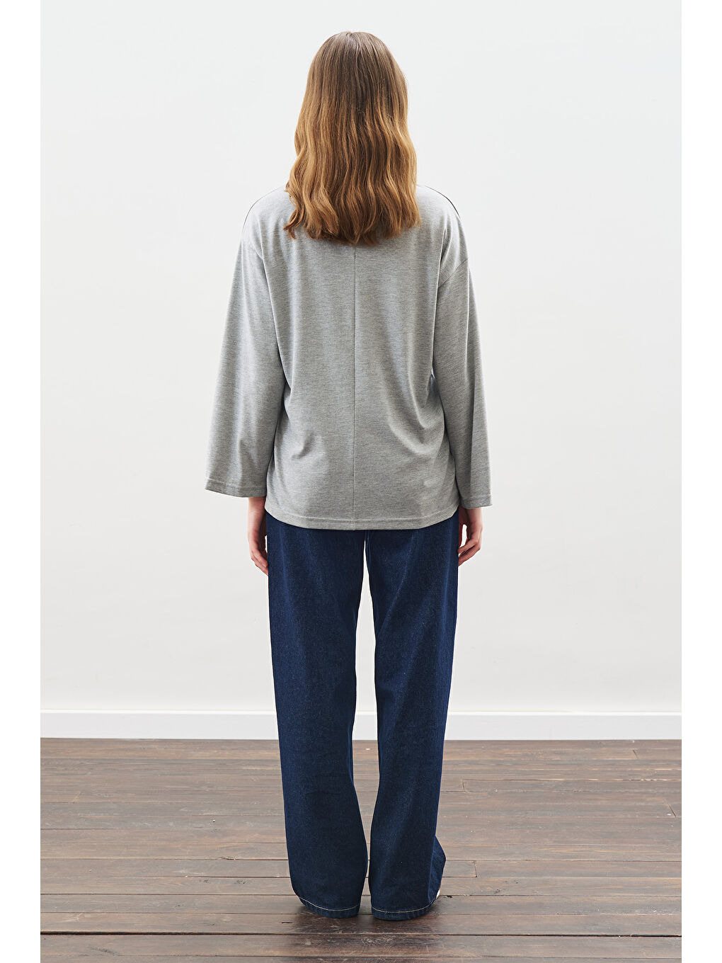 Yüksek Yaka Bağlamalı Bluz Gri Melanj-5