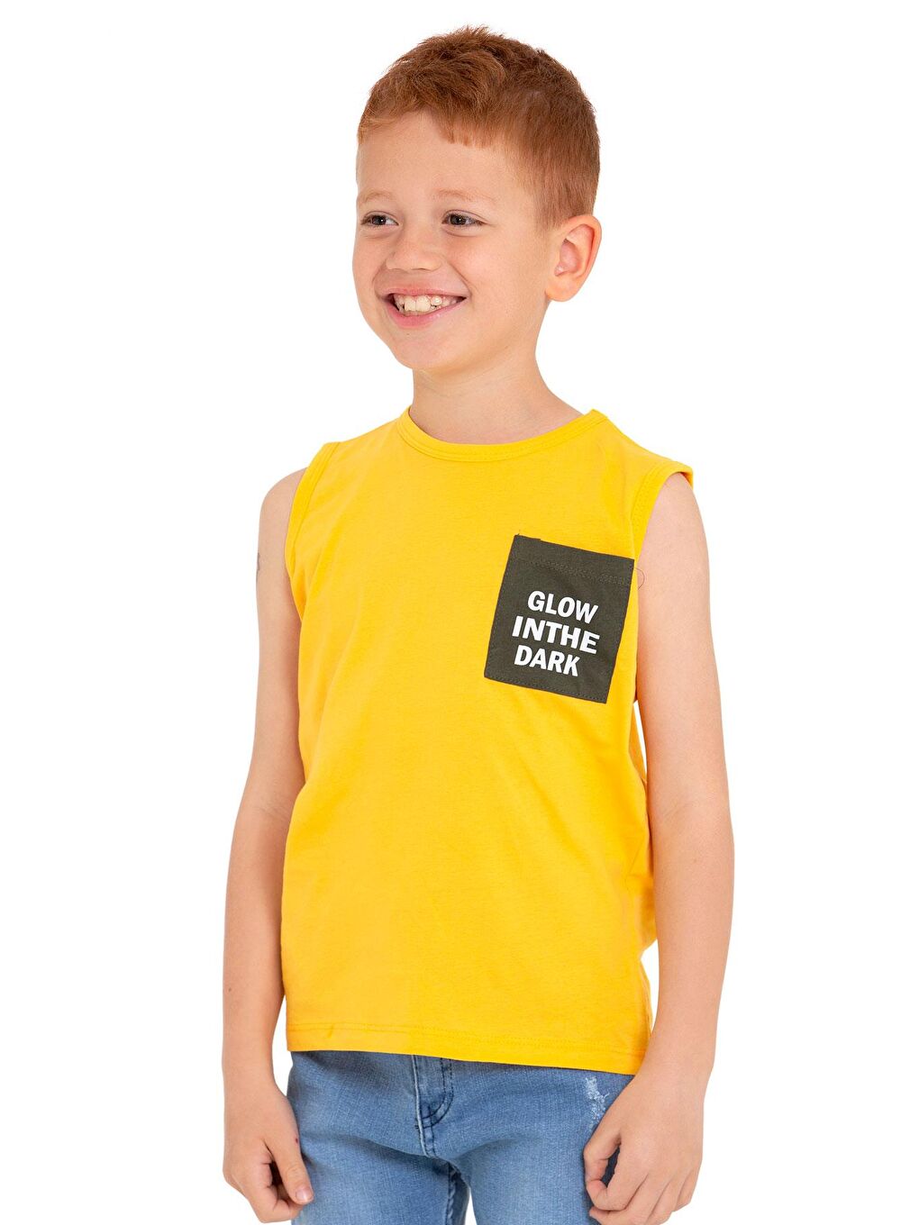 Sarı Sıfır Kol Baskılı Hardal Renk Erkek Çocuk Tshirt