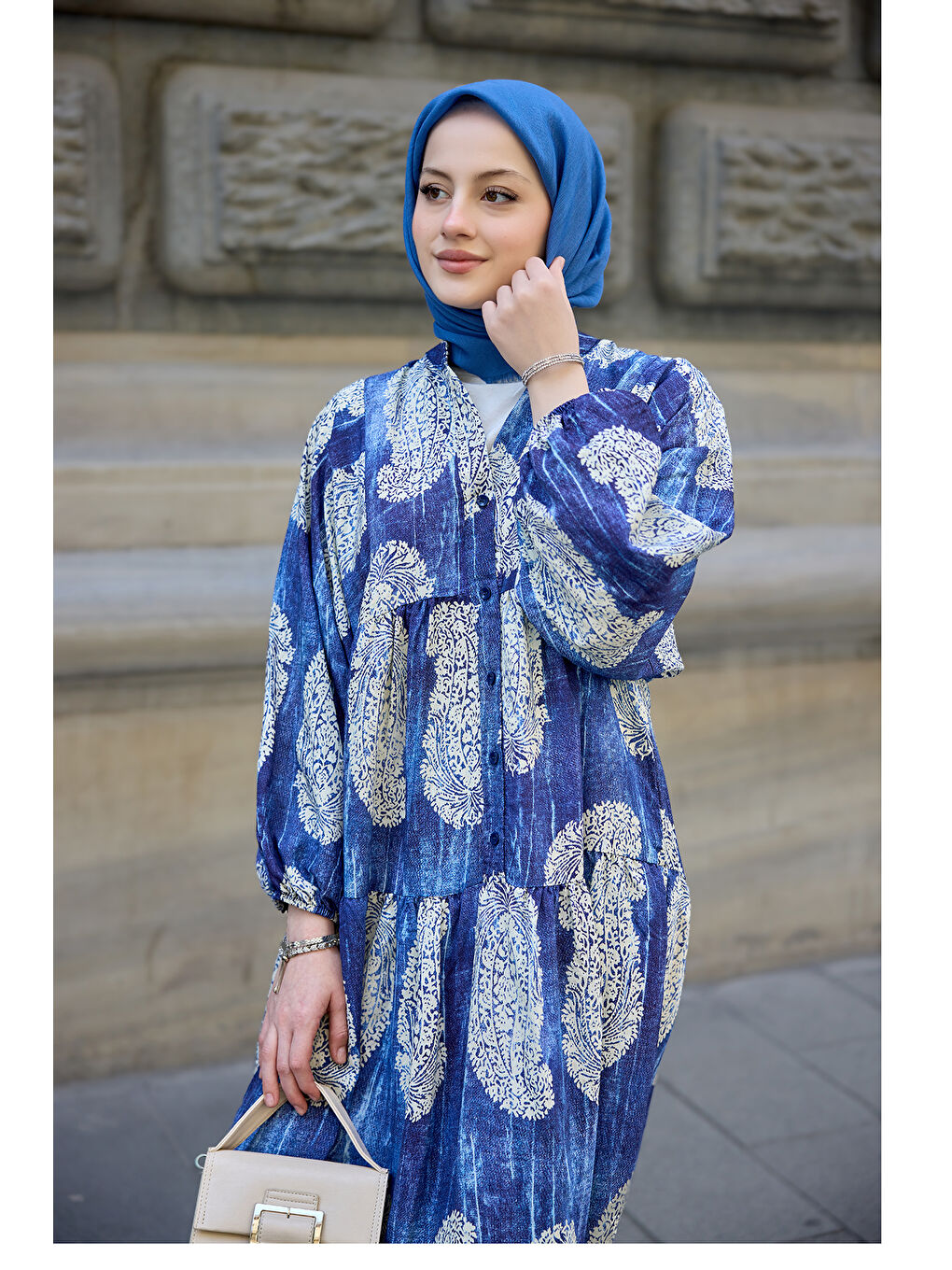 Kadın Bohem Desenli Elbise Lacivert-2