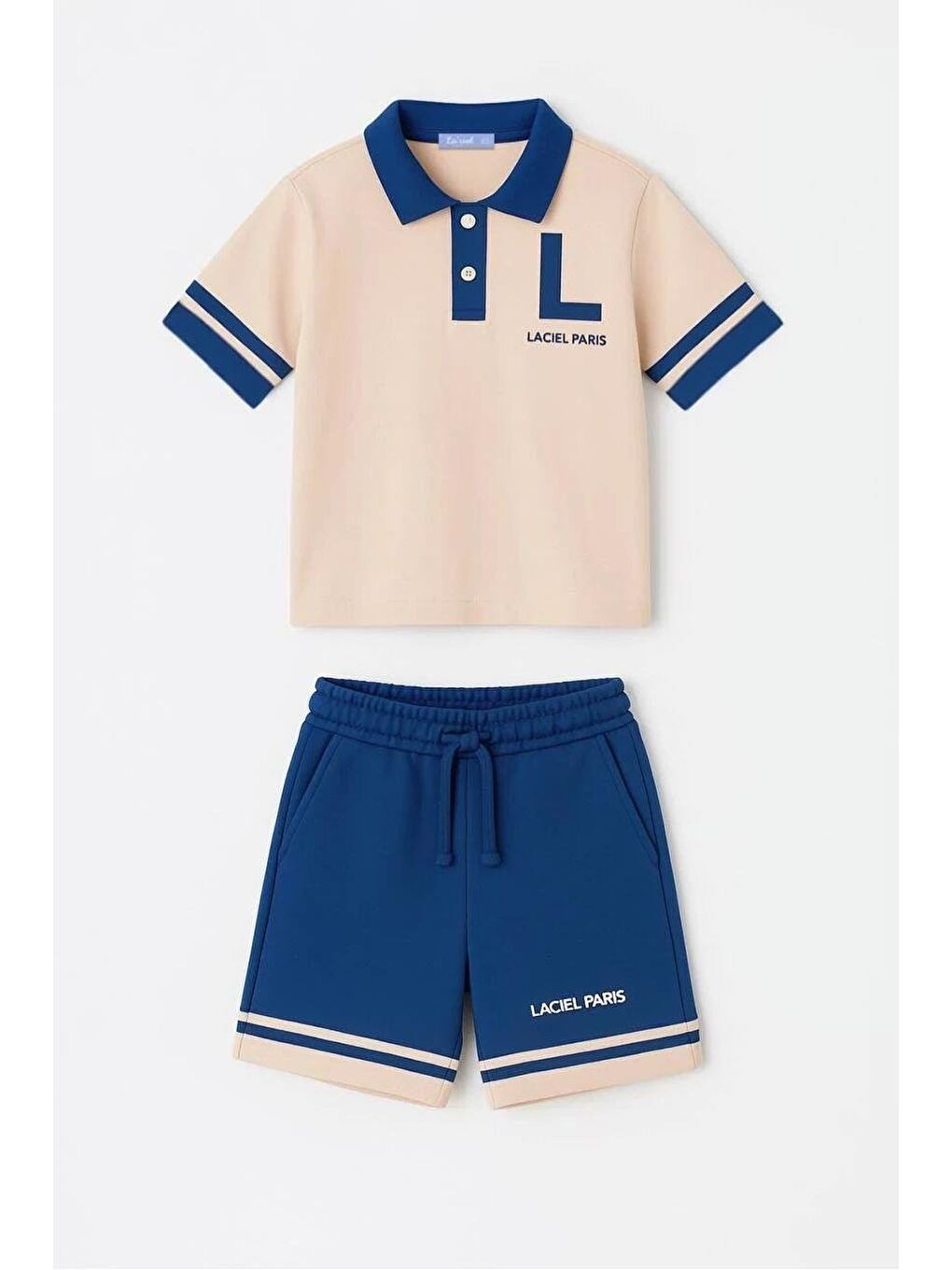 Karışık Erkek Çocuk Pamuklu Bej Lacivert Polo Yaka T-Shirt Şort Takım-1