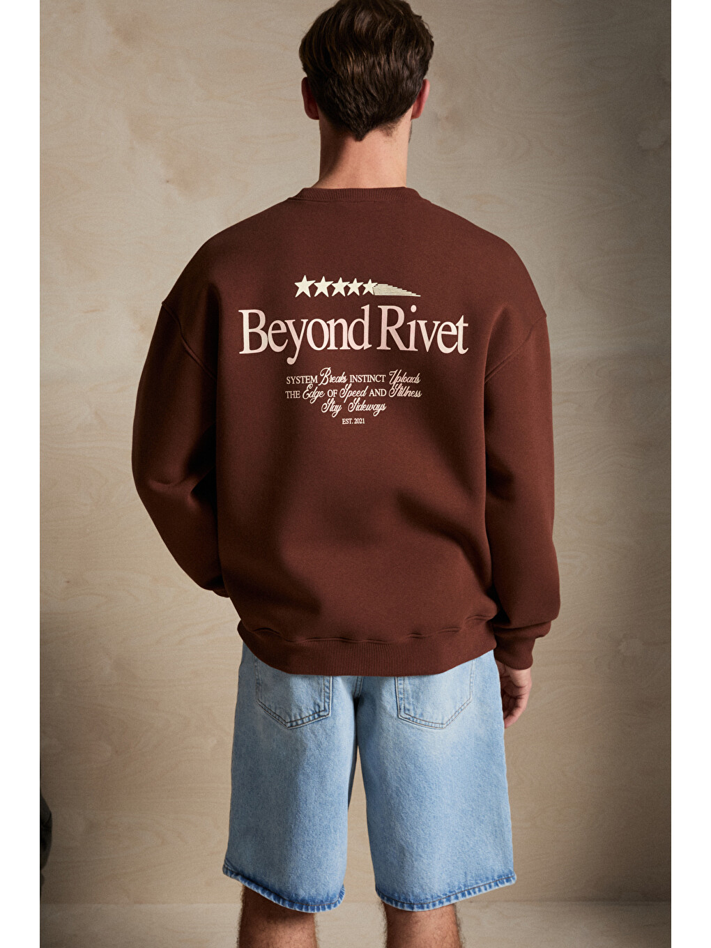Rıvet Erkek Organik Pamuklu İçi Polarlı Baskılı Bisiklet Yaka Regular Kahverengi Sweatshirt-1
