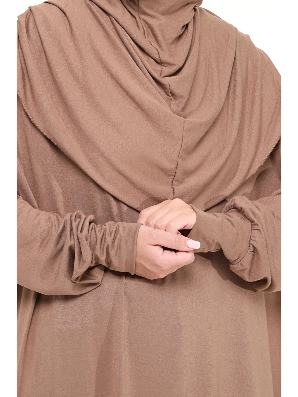 Kahverengi Tek Parça Pamuklu Yarasa Kollu Tak Çıkar Başörtülü Organik Terletmez  Elbise-5