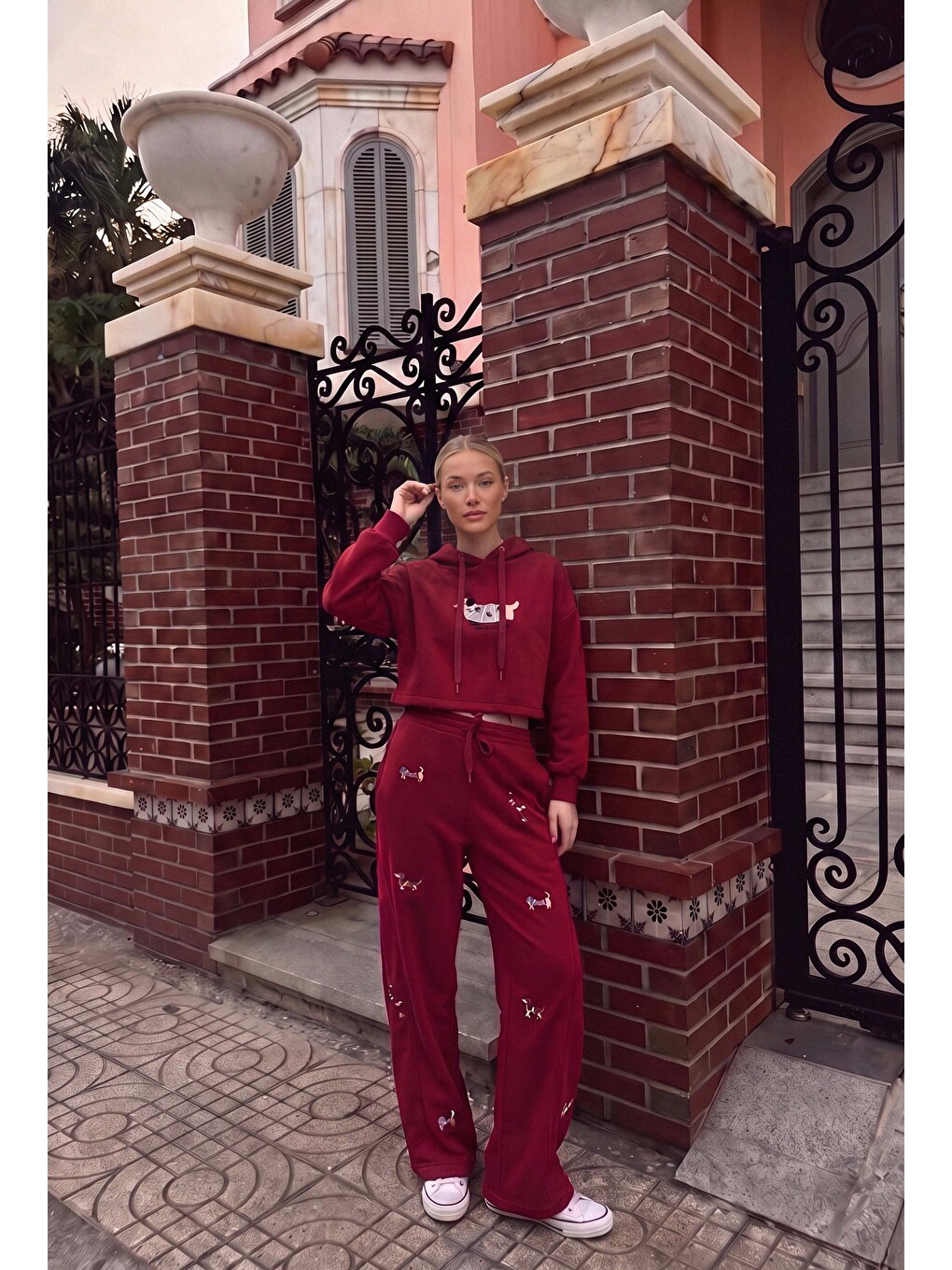 Kadın Bordo W6-35 Sweatshirt Eşofman Pantolon 2'li Nakış Figürlü Tasarım Takım-2