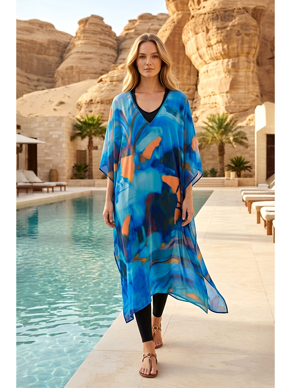 Remsa Tesettür Mayo Üzerine Tasarım Tek Kaftan Pareo RDP26 Mavi-2