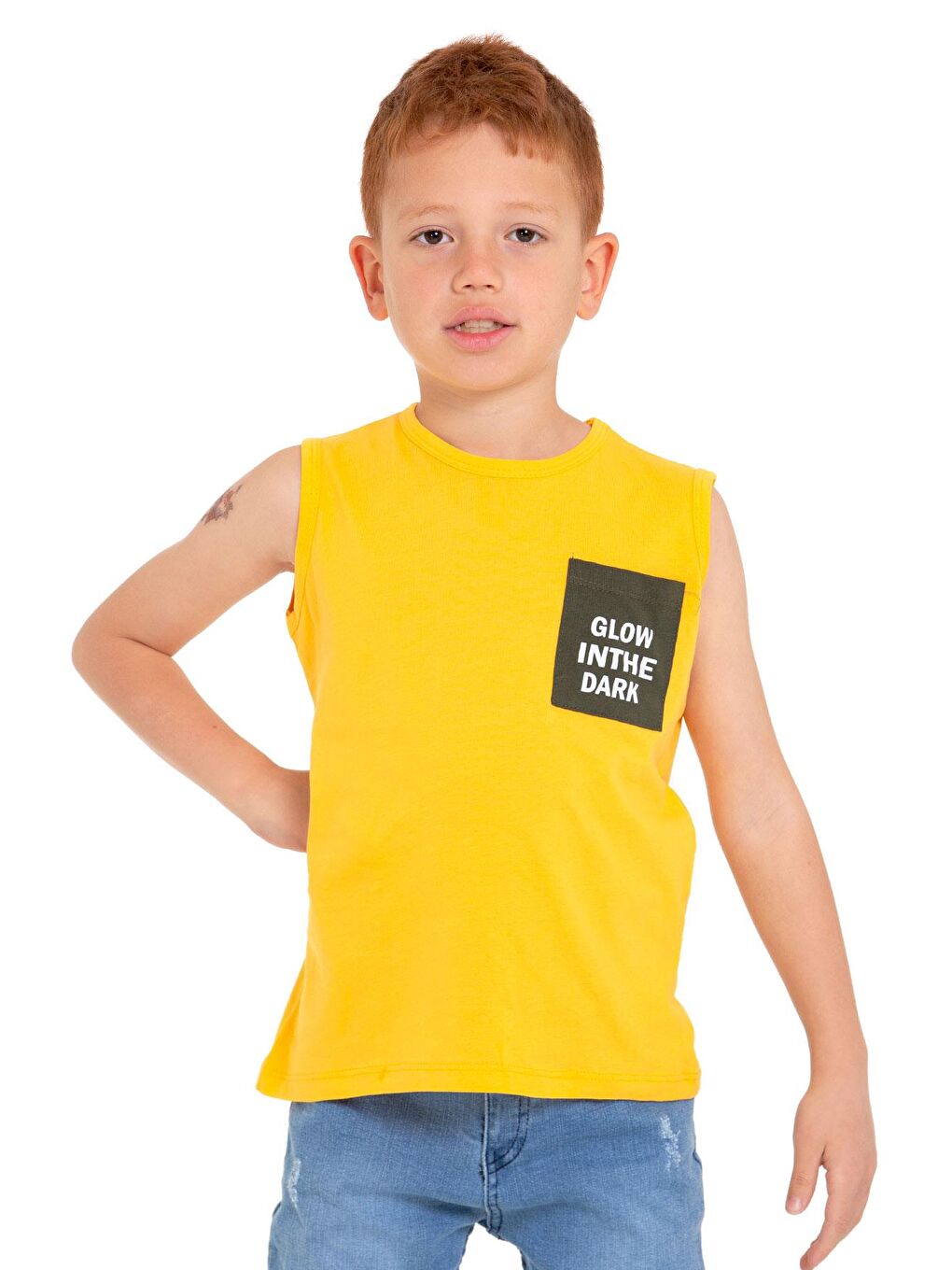 Sarı Sıfır Kol Baskılı Hardal Renk Erkek Çocuk Tshirt-1