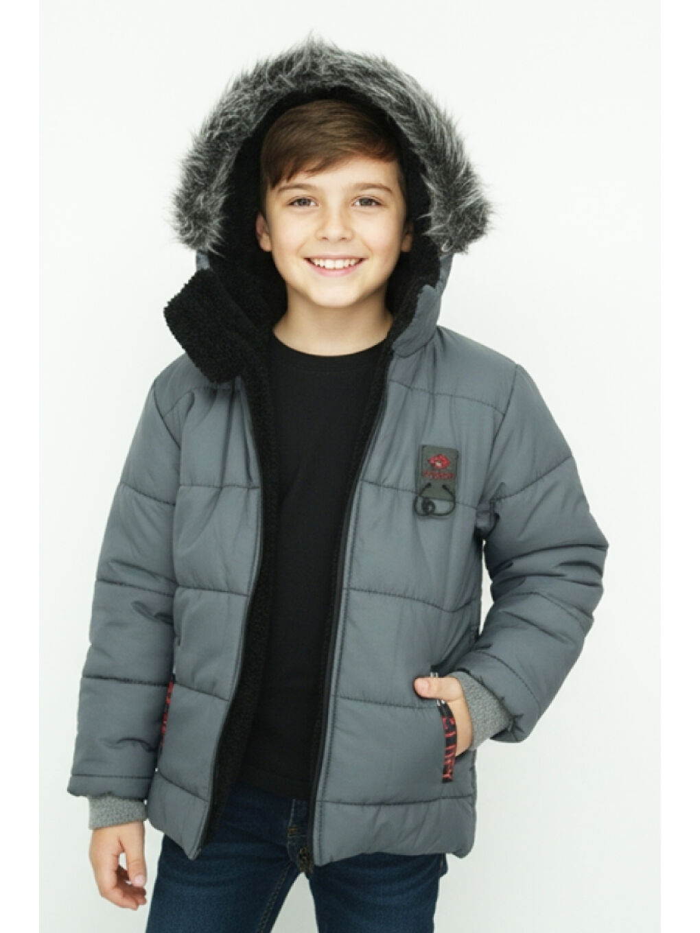 Gri Erkek Çocuk İçi Pelüş Astarlı-Kürk Kapüşonlu-Fermuarlı Mont 12369