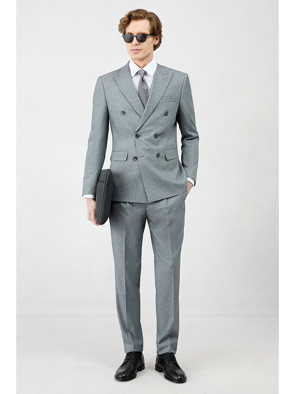 Gri 7 Drop Super Slim Fit Eksra Dar Kesim Sivri Yaka Beli Lastikli İpli Çizgili Kruvaze Takım Elbise-1