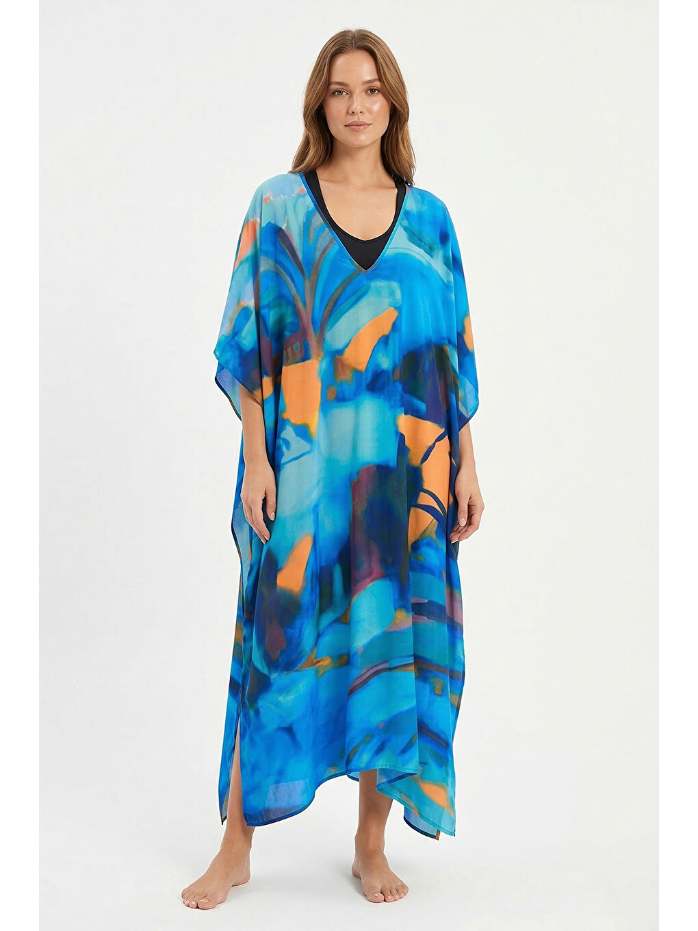 Remsa Tesettür Mayo Üzerine Tasarım Tek Kaftan Pareo RDP26 Mavi-3