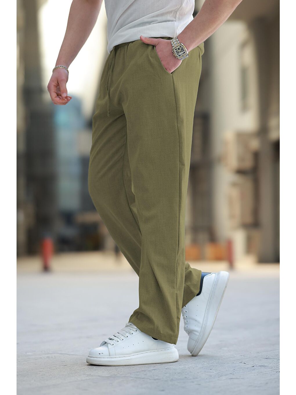 Haki Beli Ayarlanabilir Rahat Kesim Erkek Pantolon E6564