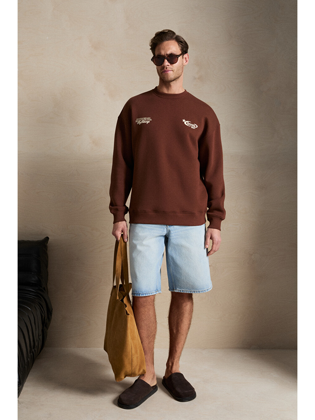 Rıvet Erkek Organik Pamuklu İçi Polarlı Baskılı Bisiklet Yaka Regular Kahverengi Sweatshirt-2