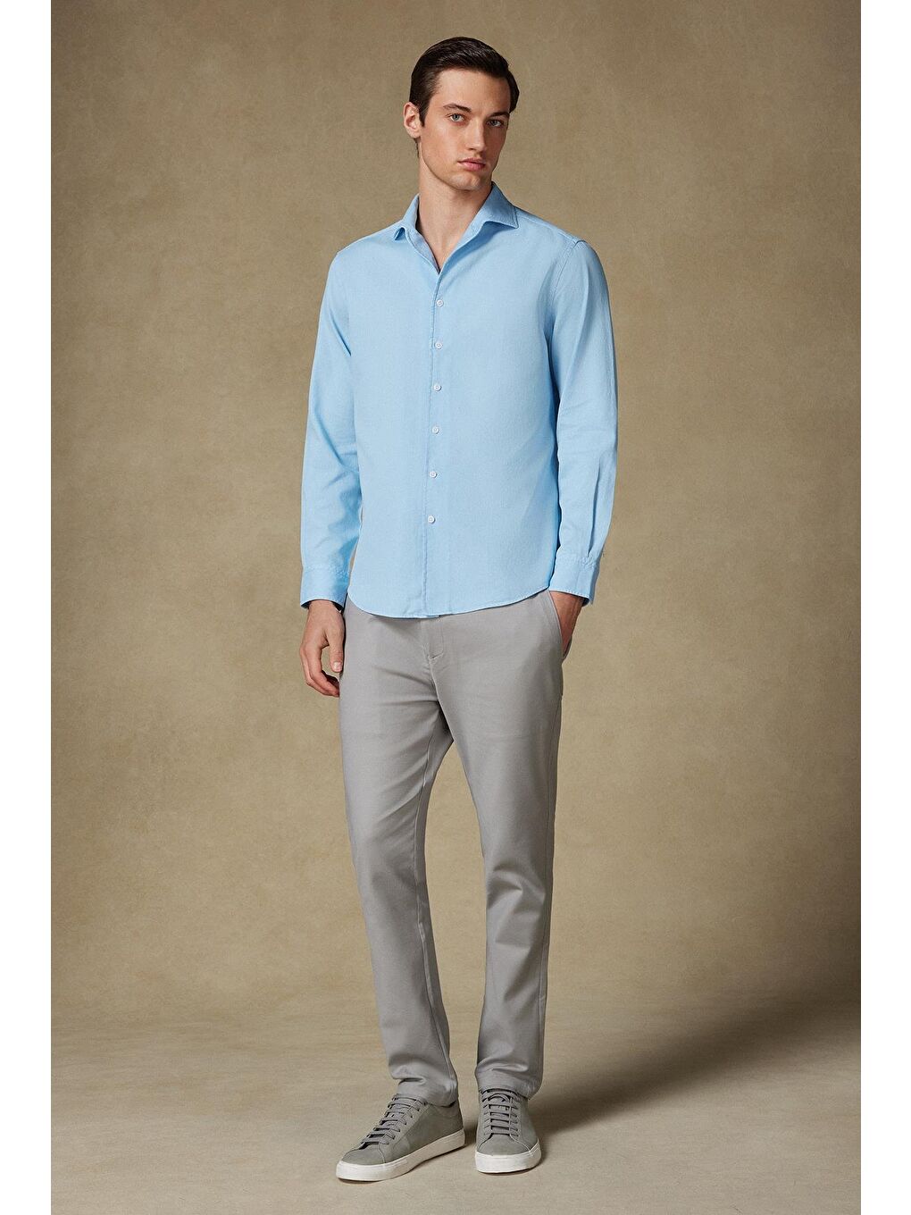 Antonio Armür Pamuklu Comfort Fit Açık Mavi Mostra Yaka Erkek Düz %100 Pamuk Gömlek-2