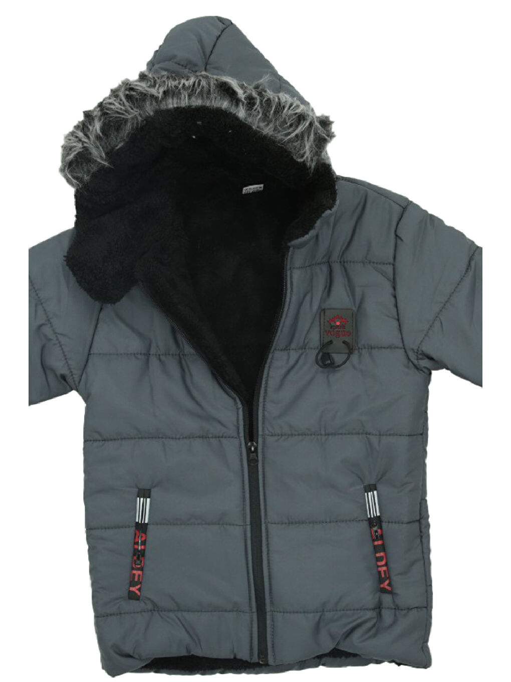 Gri Erkek Çocuk İçi Pelüş Astarlı-Kürk Kapüşonlu-Fermuarlı Mont 12369-1