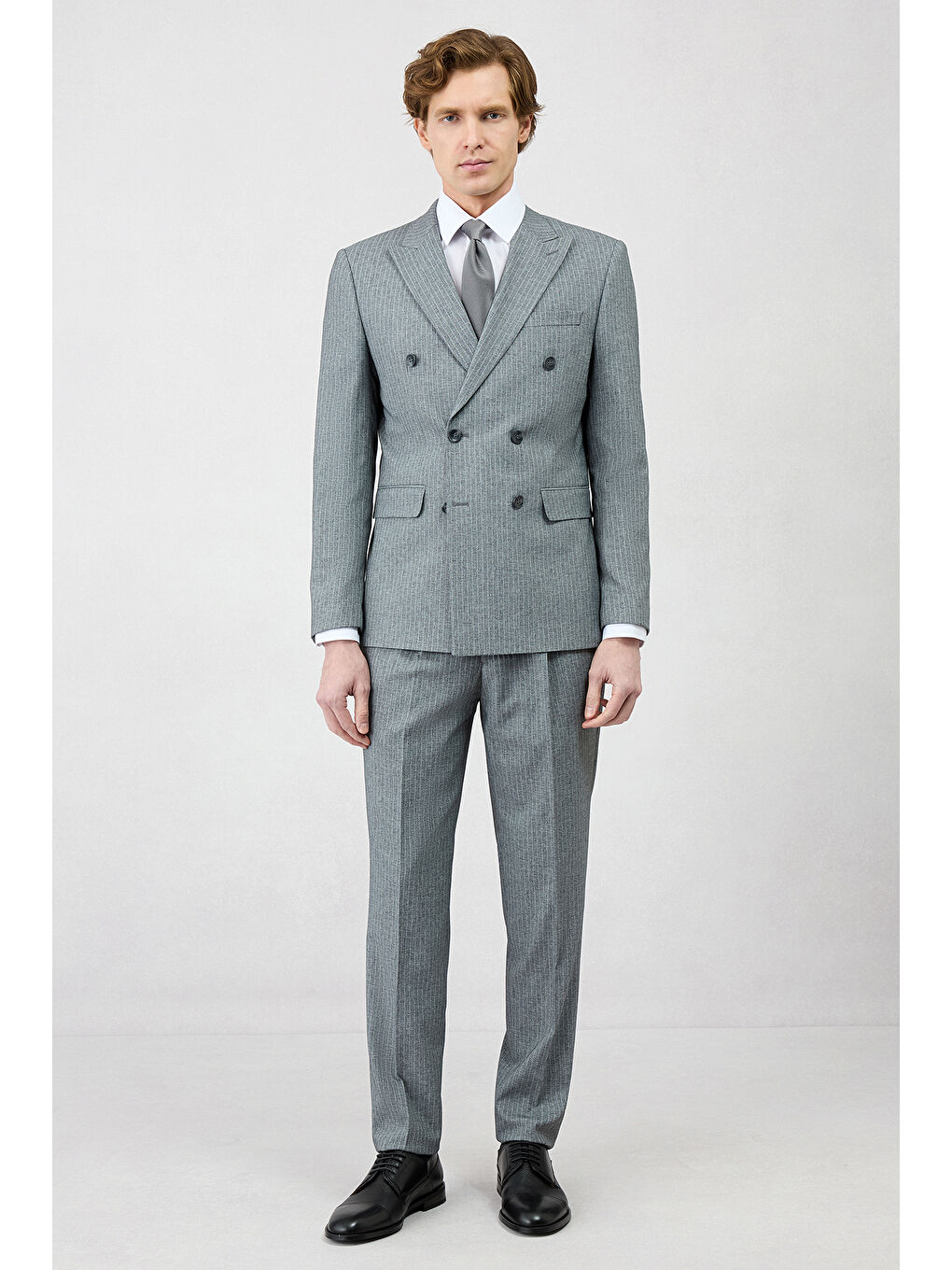 Gri 7 Drop Super Slim Fit Eksra Dar Kesim Sivri Yaka Beli Lastikli İpli Çizgili Kruvaze Takım Elbise-2