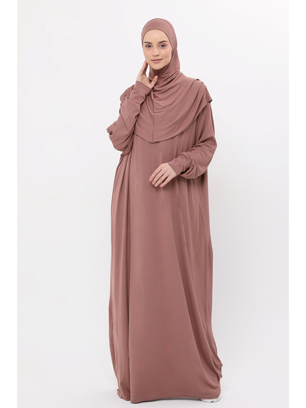 Kahverengi Tek Parça Pamuklu Yarasa Kollu Tak Çıkar Başörtülü Organik Terletmez  Elbise-2