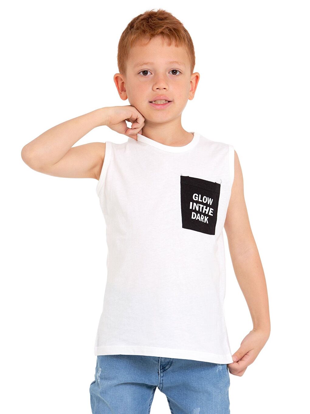 Sıfır Kol Baskılı Ekru Renk Erkek Çocuk Tshirt