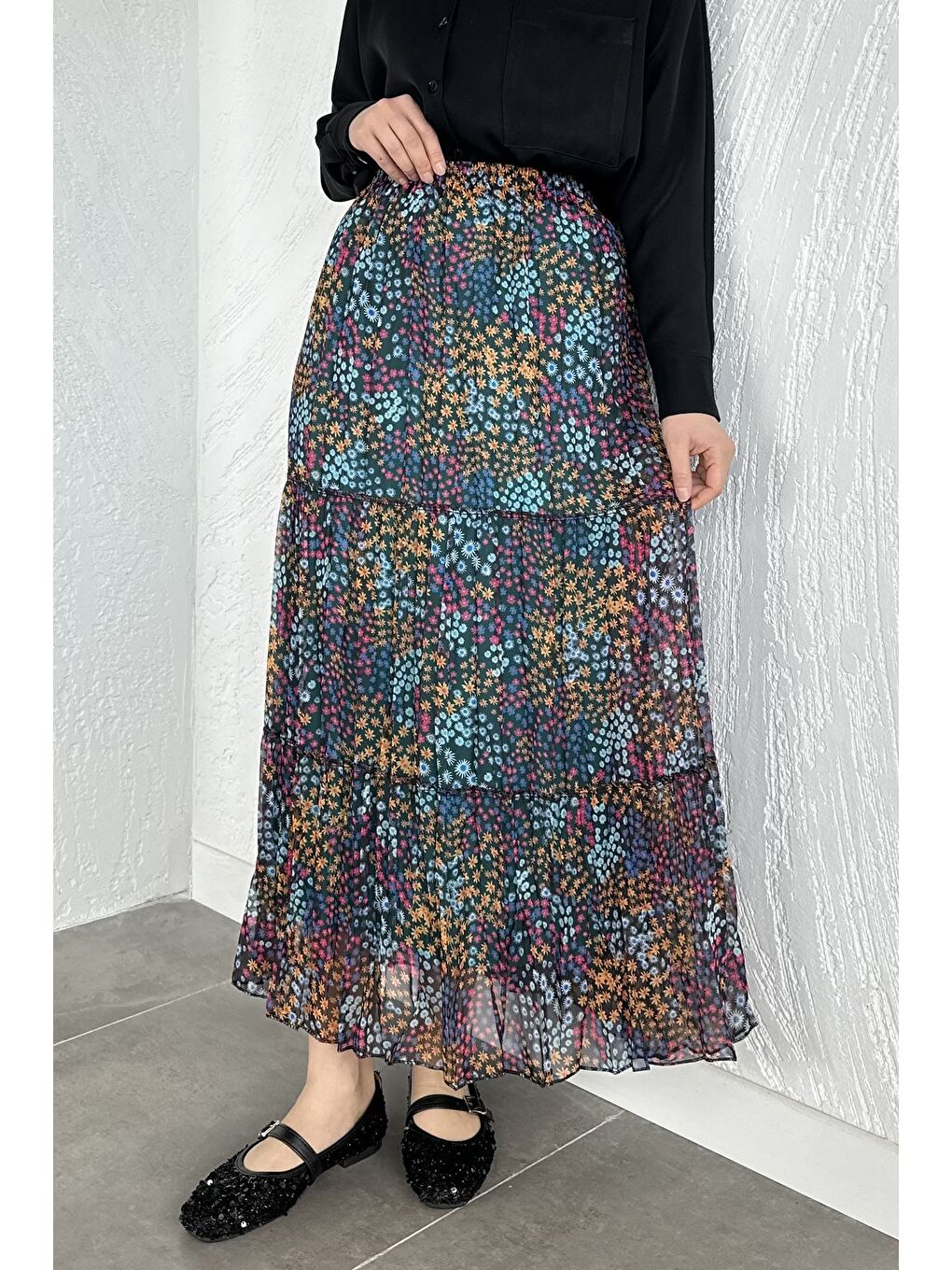 Lacivert Bel Lastikli Desenli Şifon Tesettür Etek-1