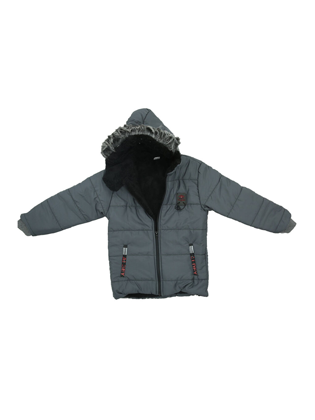 Gri Erkek Çocuk İçi Pelüş Astarlı-Kürk Kapüşonlu-Fermuarlı Mont 12369-2