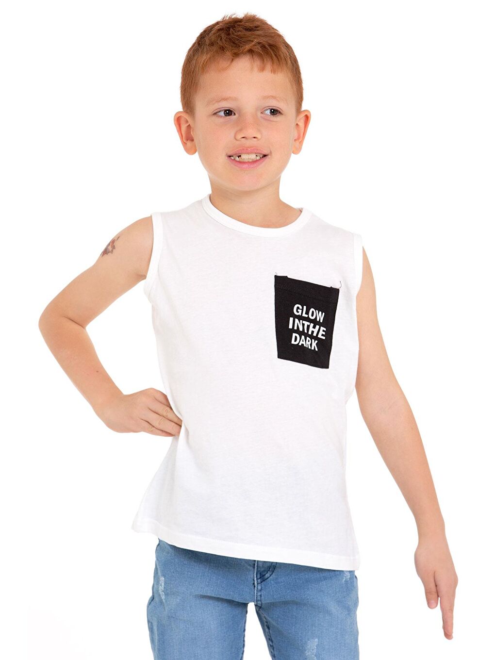 Sıfır Kol Baskılı Ekru Renk Erkek Çocuk Tshirt-1