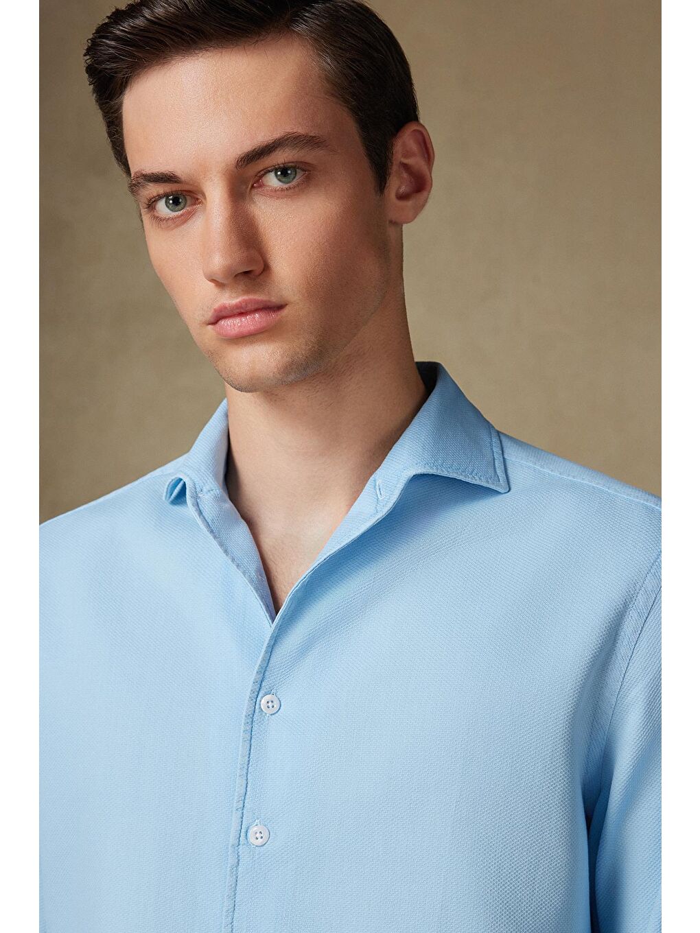 Antonio Armür Pamuklu Comfort Fit Açık Mavi Mostra Yaka Erkek Düz %100 Pamuk Gömlek-3