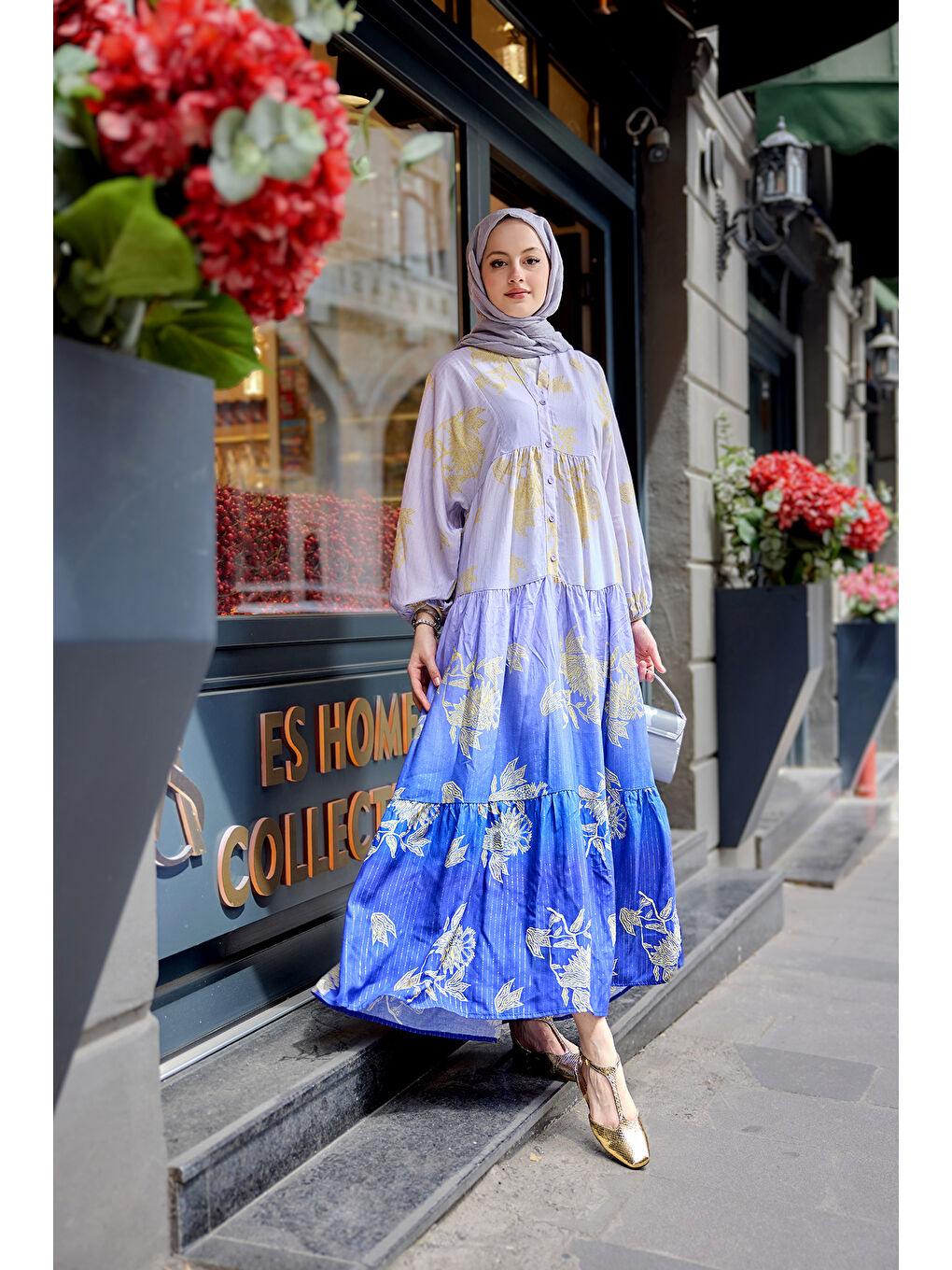 Kadın Yaldız Yaprak Desenli Elbise Lila-2