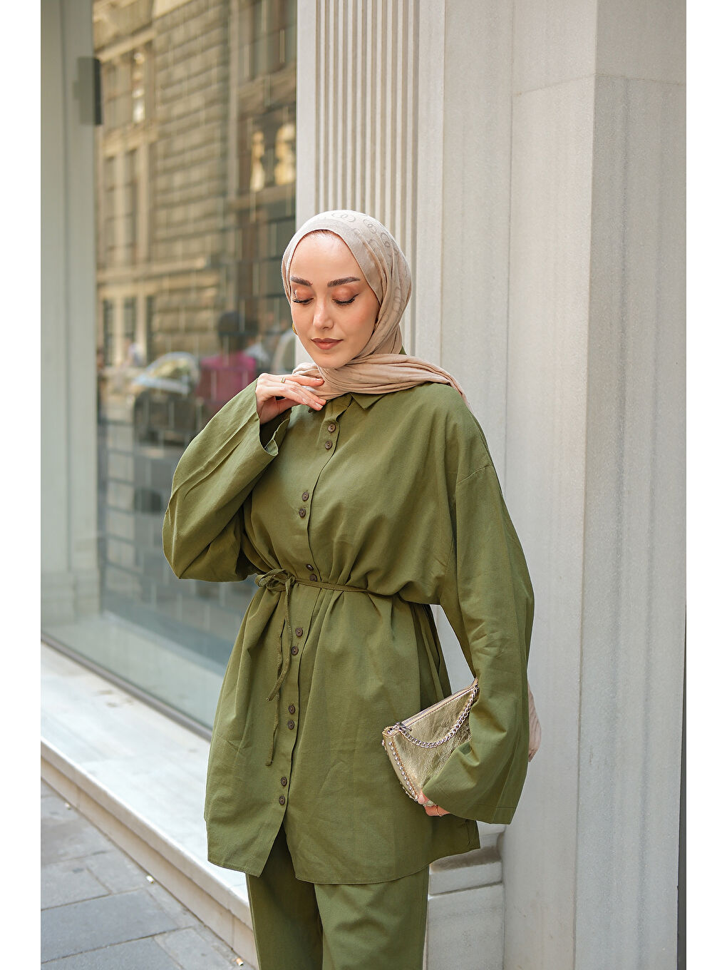 Kadın Çift Düğme Detaylı Takım Haki Yeşil-1