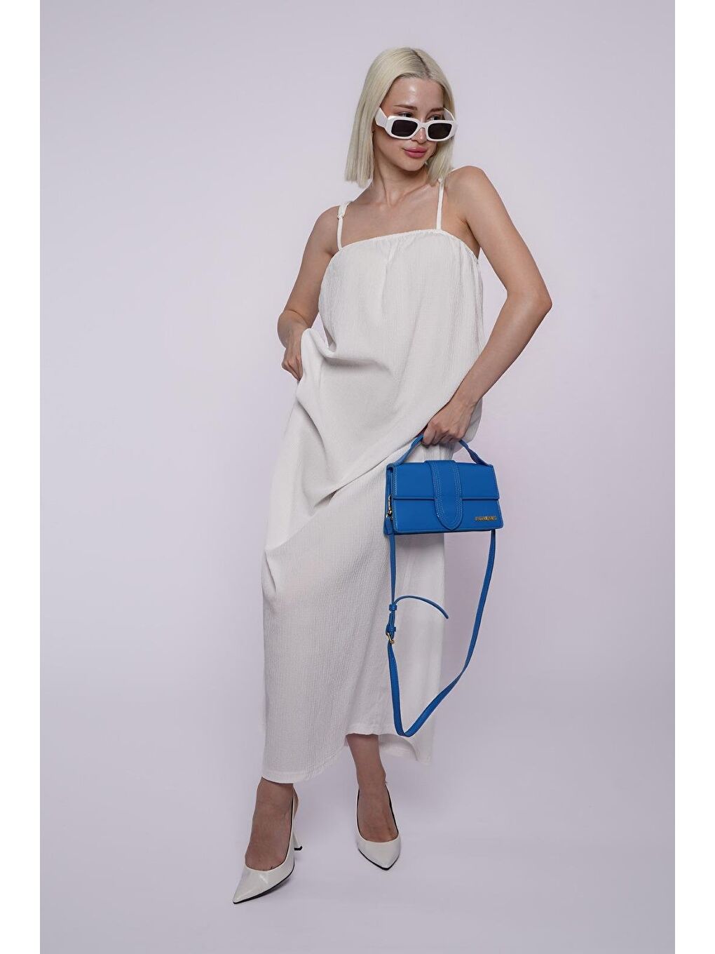 Beyaz Askılı Uzun Salaş Bürümcük Elbise Mg1720-3