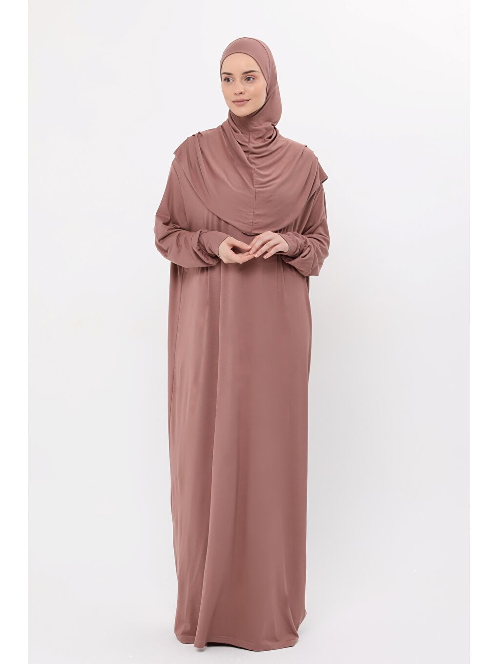 Kahverengi Tek Parça Pamuklu Yarasa Kollu Tak Çıkar Başörtülü Organik Terletmez  Elbise-3