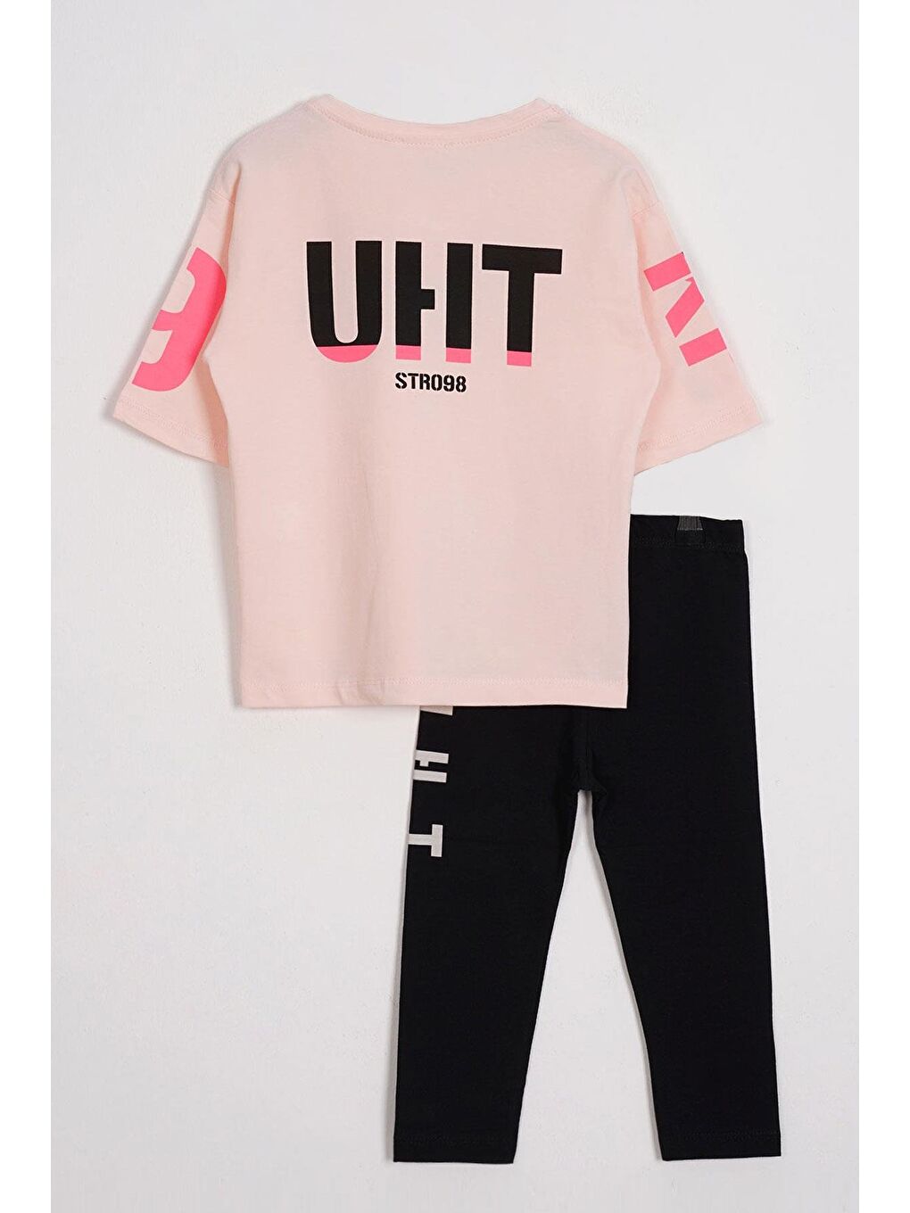 Pembe Kısa Kol Yazı Somon Renk Kız Çocuk Taytlı Takım-2