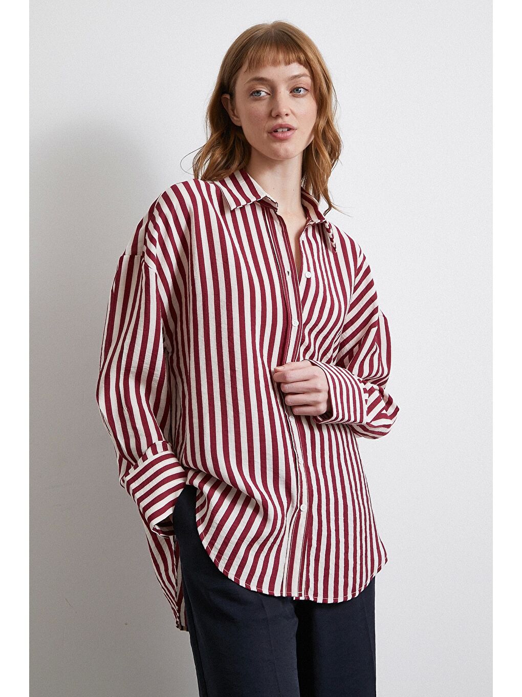 Çizgili T Kol Gömlek Bordo-2