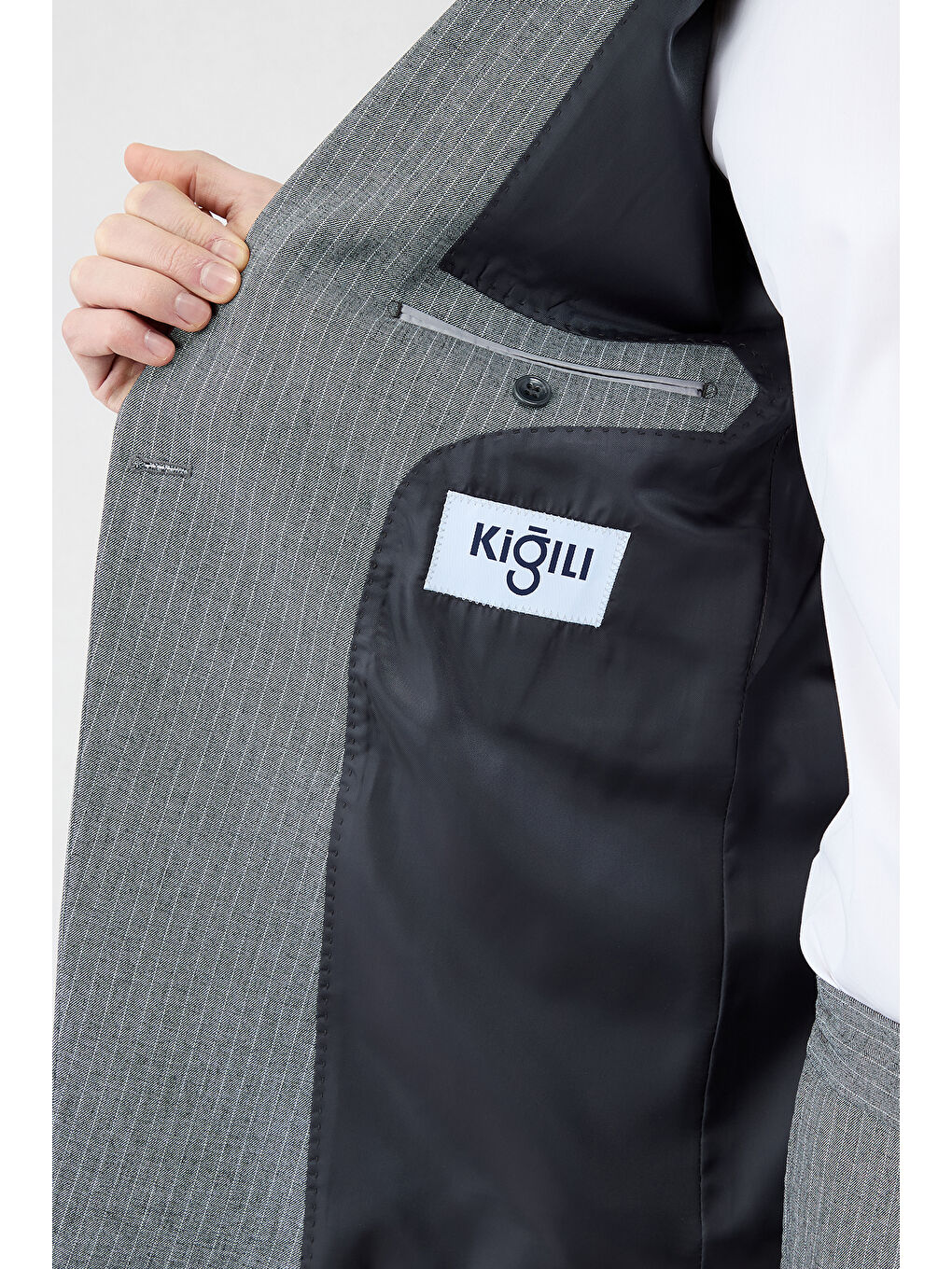 Gri 7 Drop Super Slim Fit Eksra Dar Kesim Sivri Yaka Beli Lastikli İpli Çizgili Kruvaze Takım Elbise-3