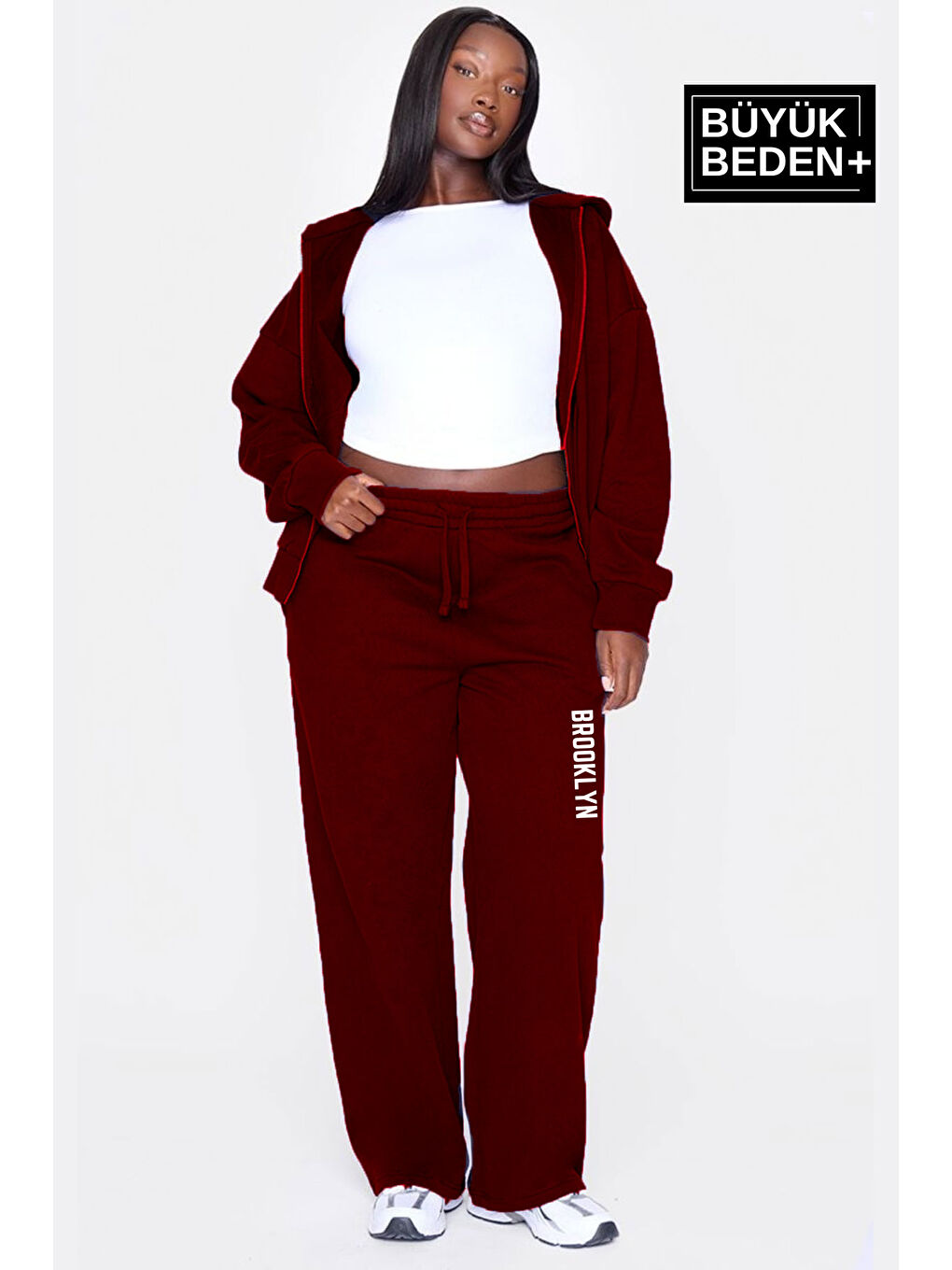 Bordo Kadın Büyük Beden Brooklyn Baskılı İnce Eşofman Altı SPR25BEAK54-1