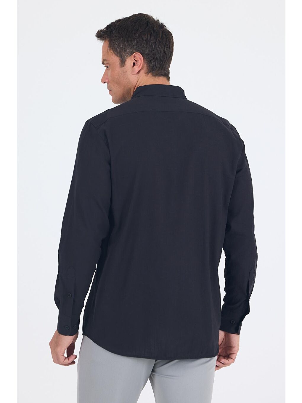 Siyah Uzun Kol Düz Armür Oval Yaka Casual Comfort Fit %100 Pamuk Gömlek 1004250249-4