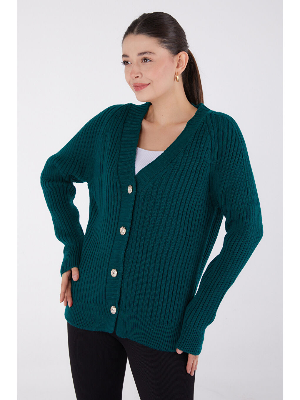Yeşil Düğmeli Fitilli Triko Hırka Zumrut - 27665-1