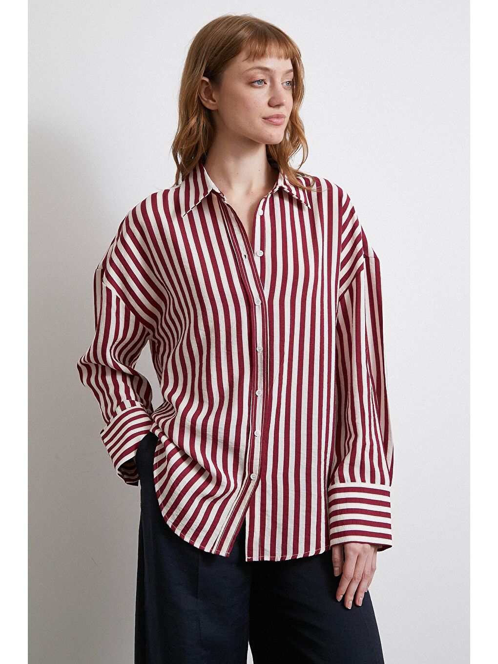 Çizgili T Kol Gömlek Bordo-3