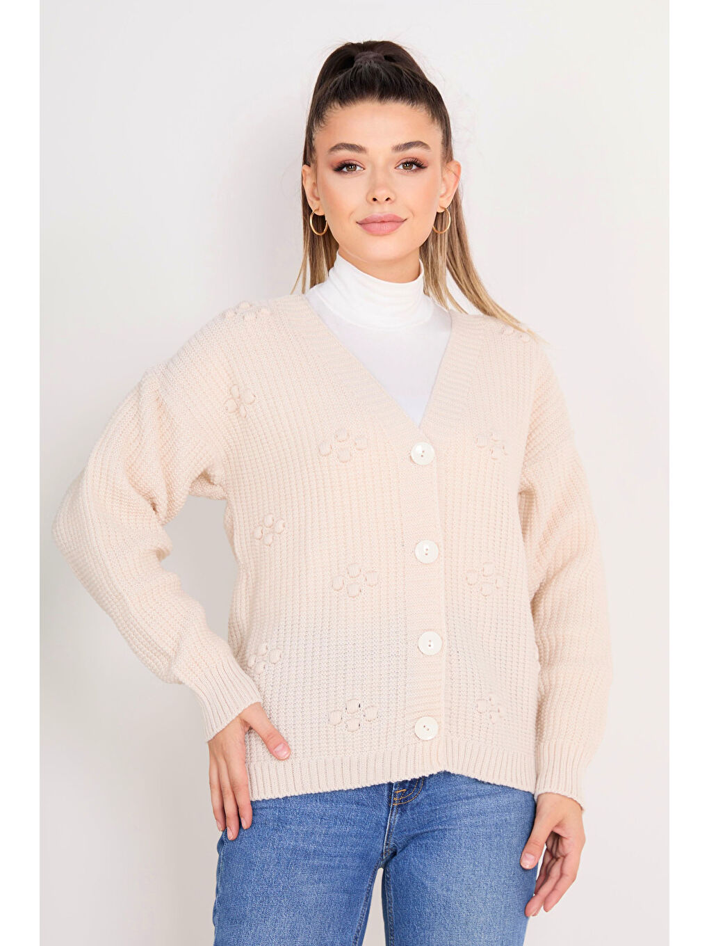 Ekru Düğmeli Triko Hırka Krem - 27661-1