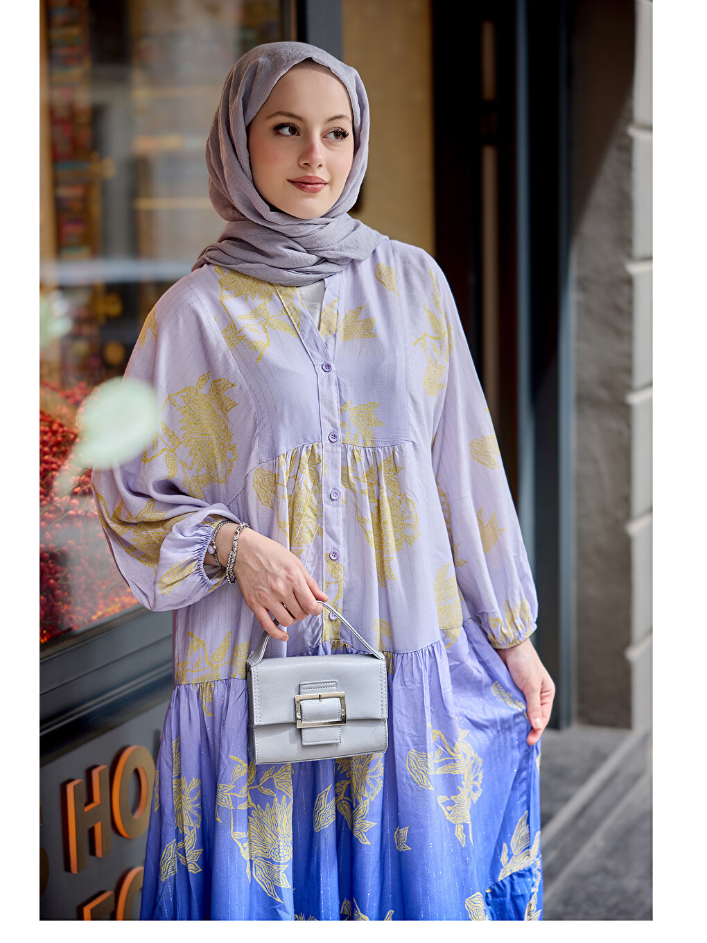 Kadın Yaldız Yaprak Desenli Elbise Lila-3