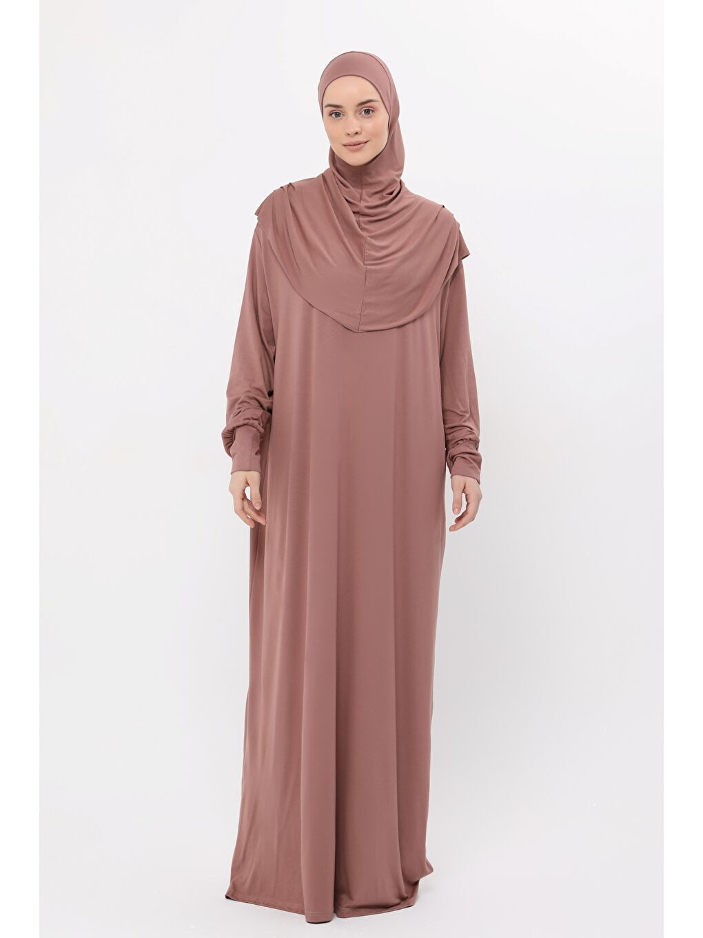 Kahverengi Tek Parça Pamuklu Yarasa Kollu Tak Çıkar Başörtülü Organik Terletmez  Elbise-4