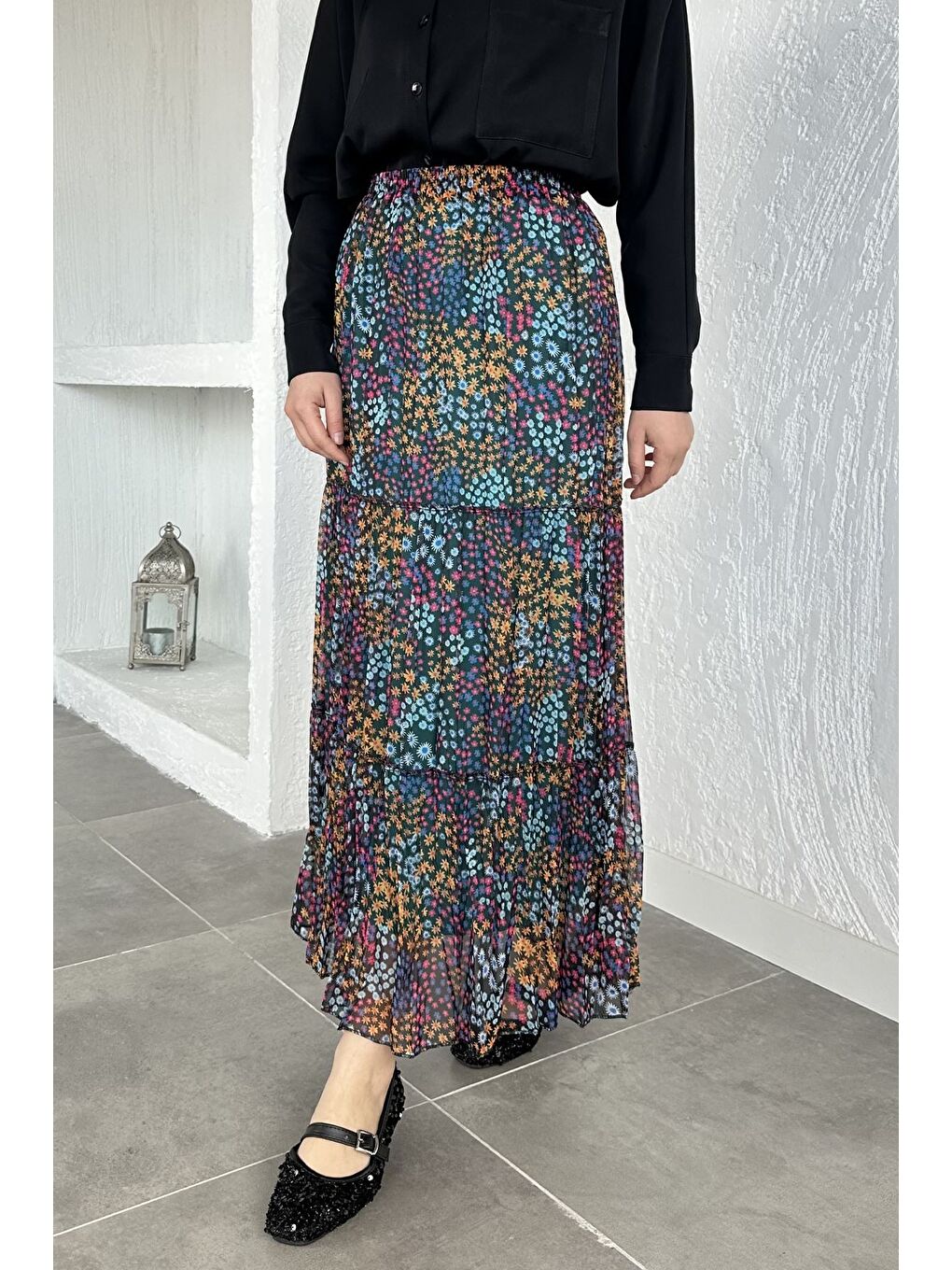 Lacivert Bel Lastikli Desenli Şifon Tesettür Etek-3